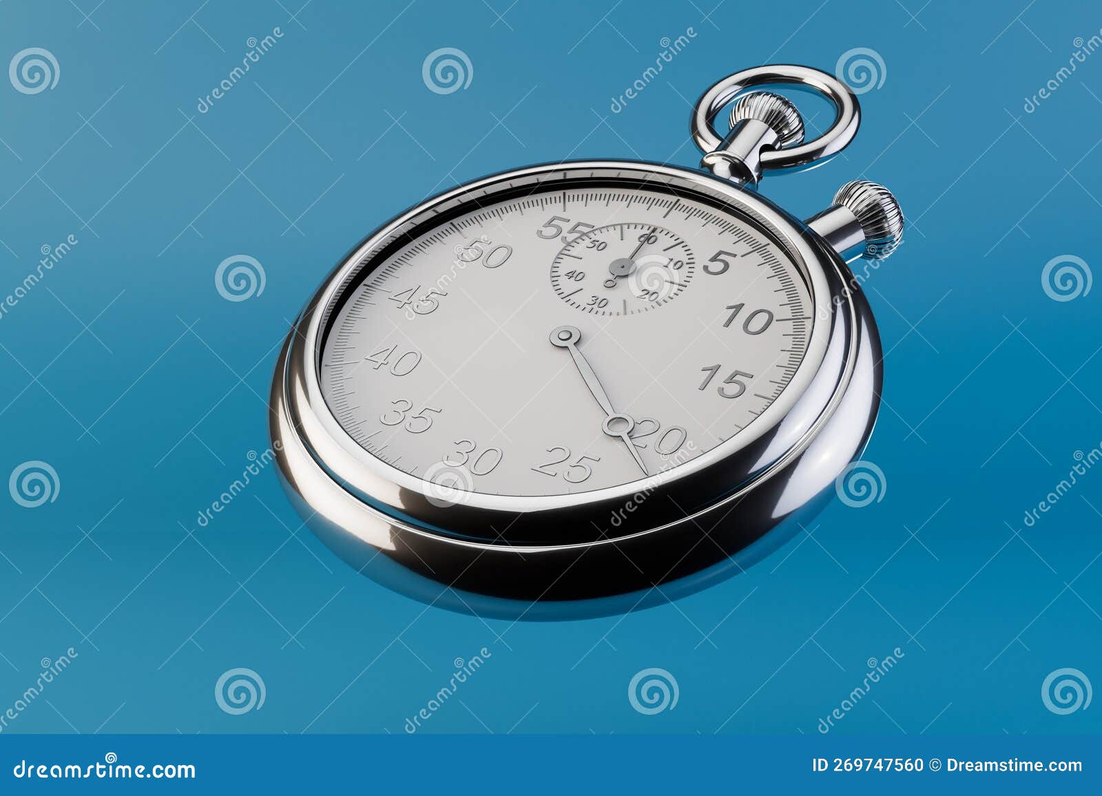 Classic Metallic Chrome Mechanical Analog Stopwatch Isolated on Blue