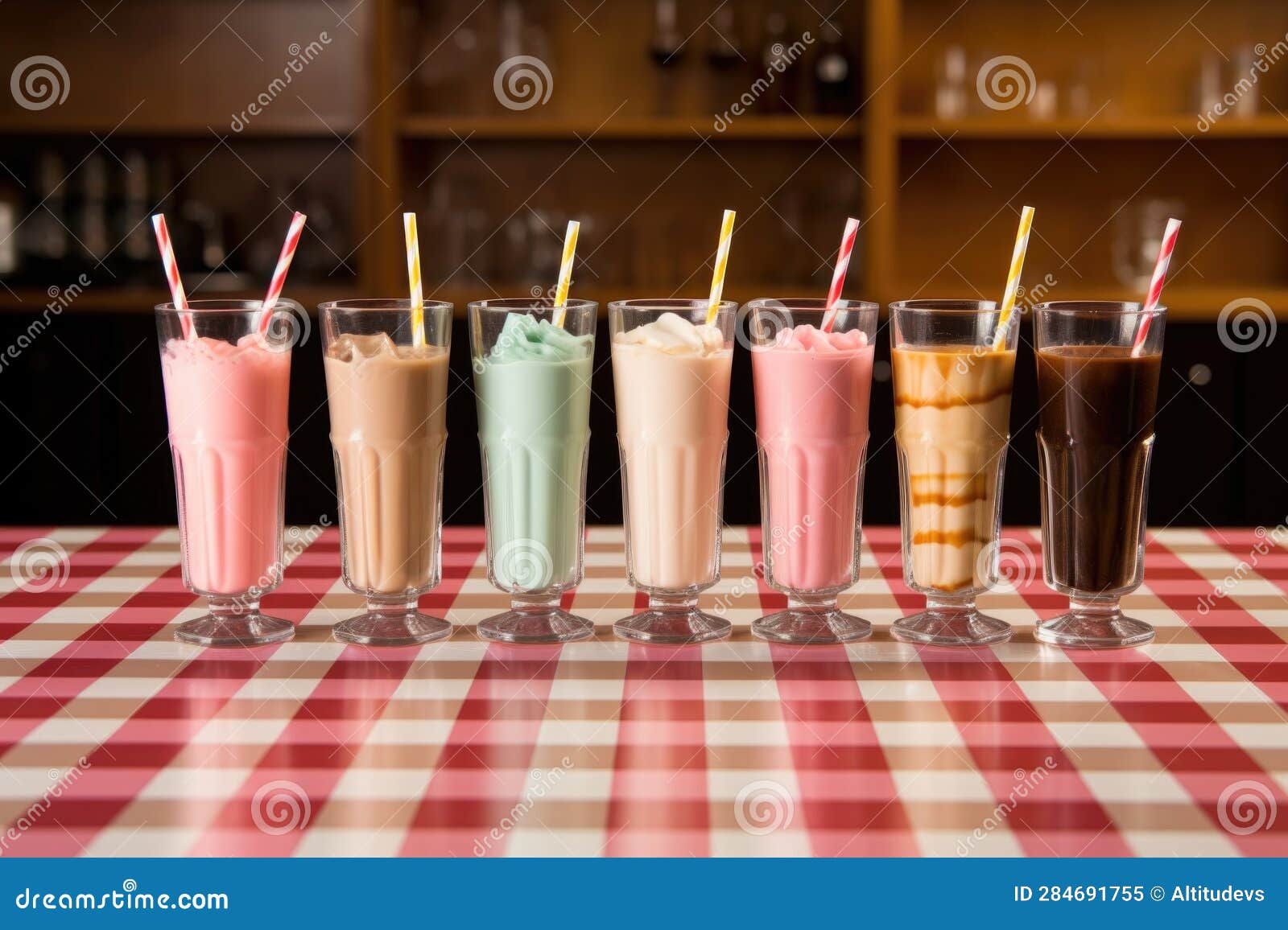 Classic Milkshake Glasses Lined Up on a Checkered Floor Stock Image
