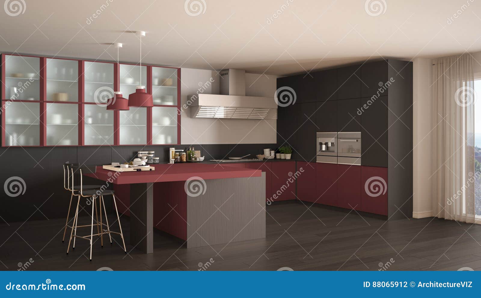 Classic Minimal Gray and Red Kitchen with Parquet Floor, Modern Stock