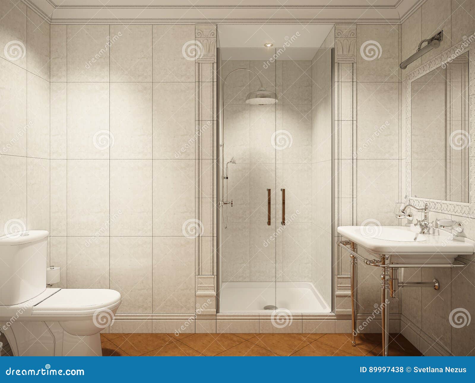 Classic Modern Bathroom Interior Design Stock Illustration - Illustration high, floor: 89997438