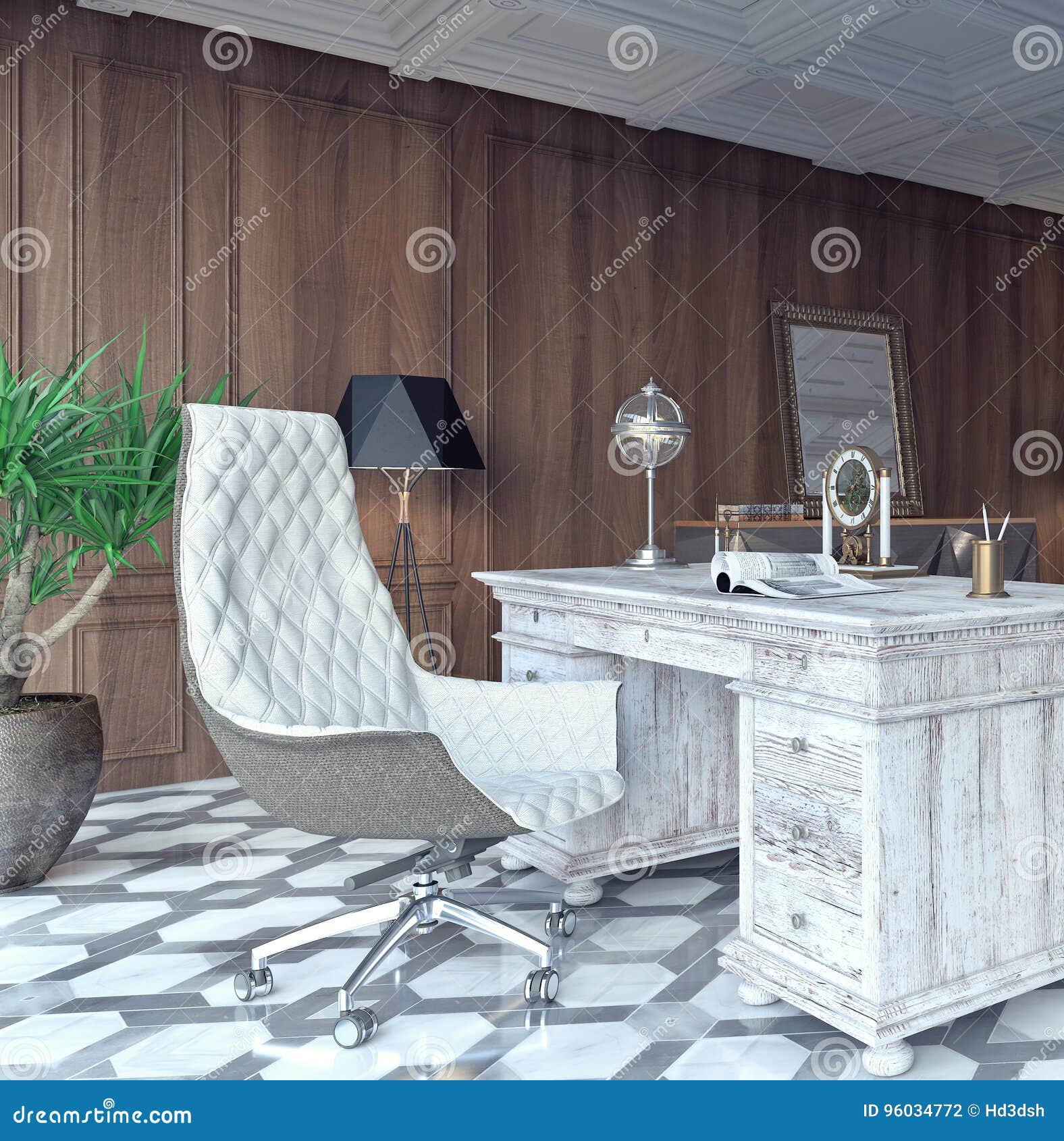 Classic and modern home office design 3D Rendering