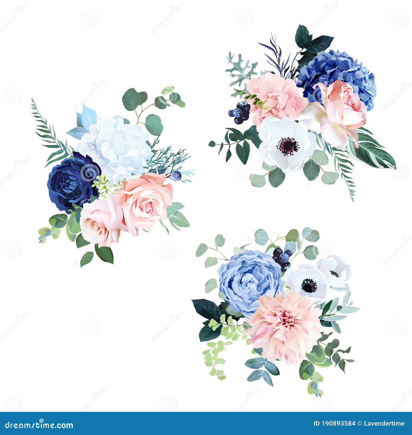 Classic Navy Blue, White, Blush Pink Rose, Hydrangea, Ranunculus ...