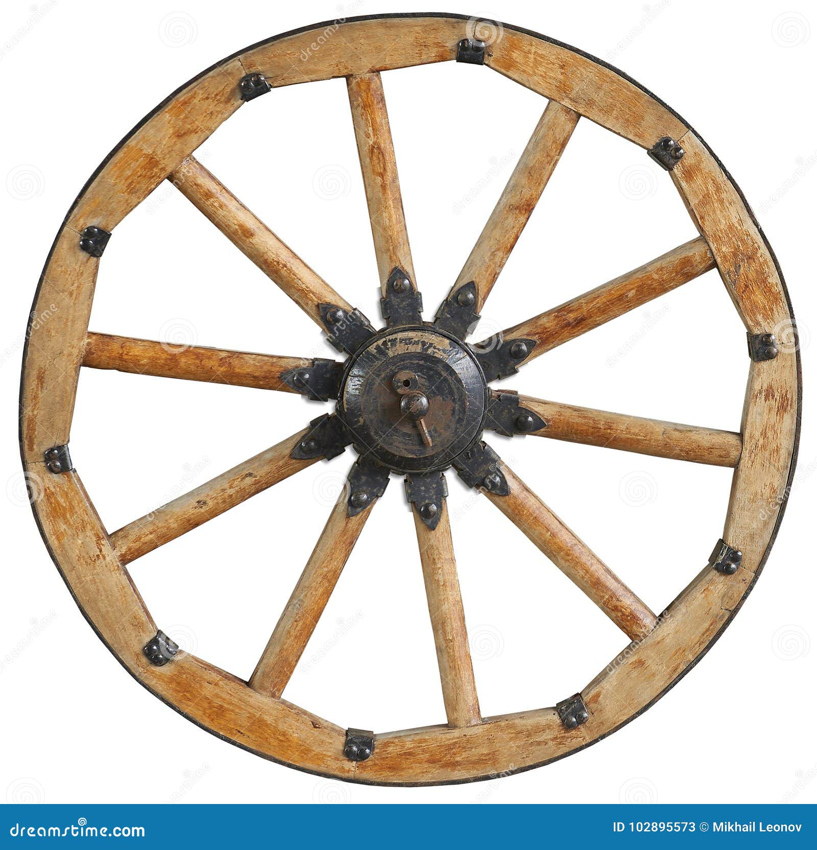 classic old antique wooden wagon wheel rim spoke with black metal brackets and rivets. traditional cannon wheel  on white.