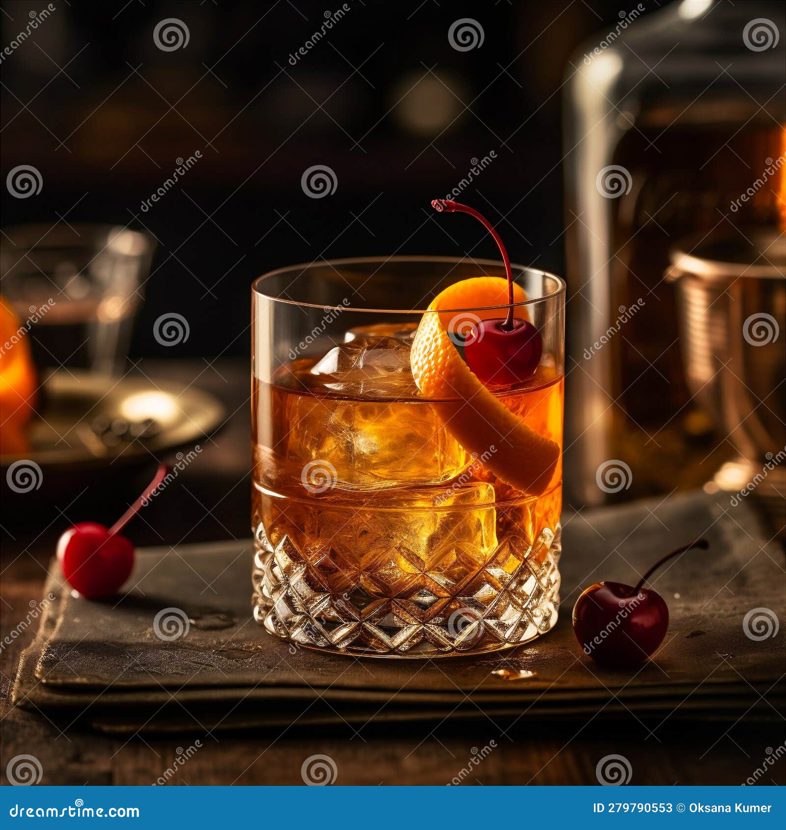 classic old fashioned cocktail made with bourbon, sugar, bitters and twist of citrus zest. ai generated