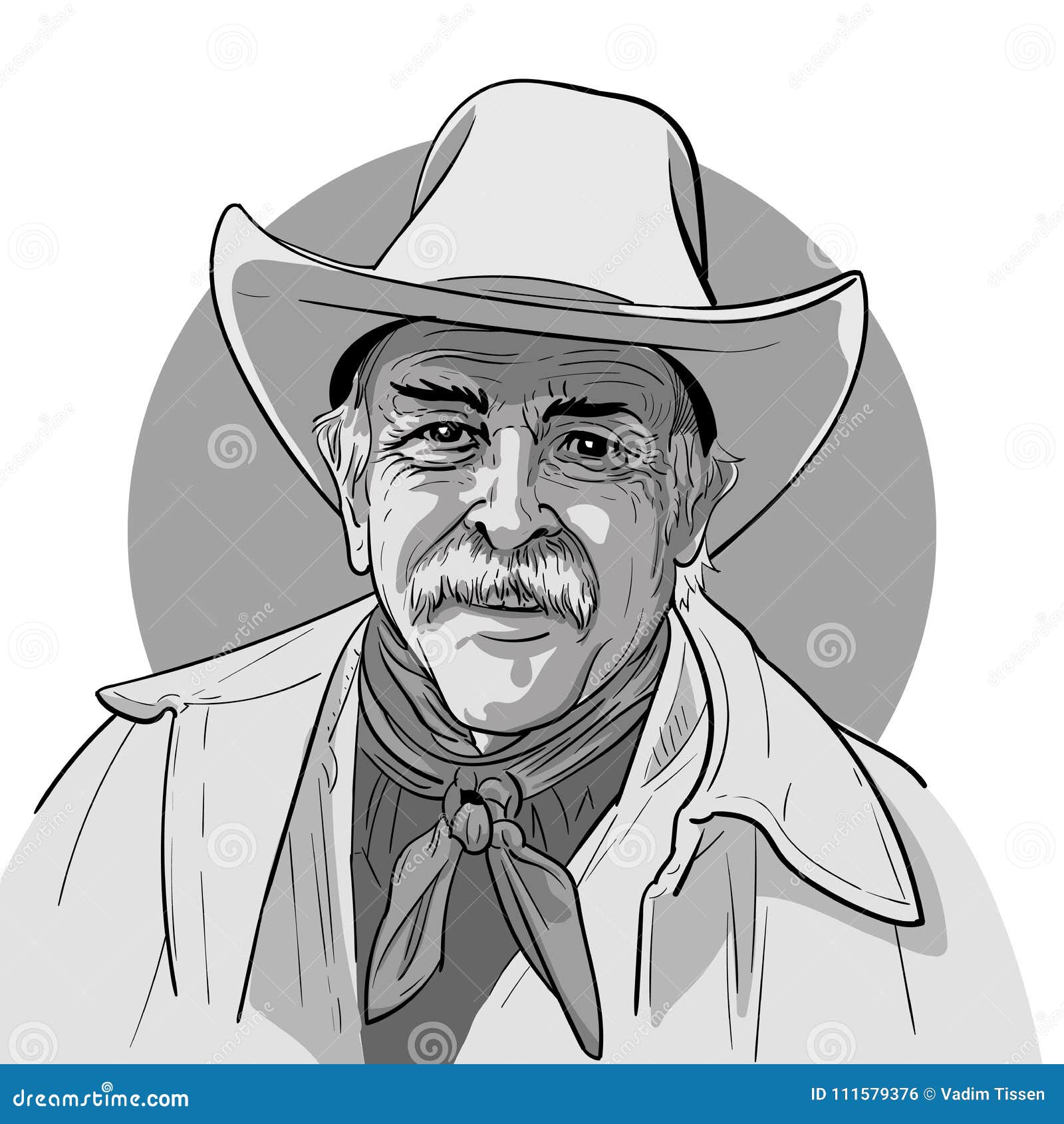 Classic Old Western Style Cowboy with Hat and Bandana. Cartoon Sketch
