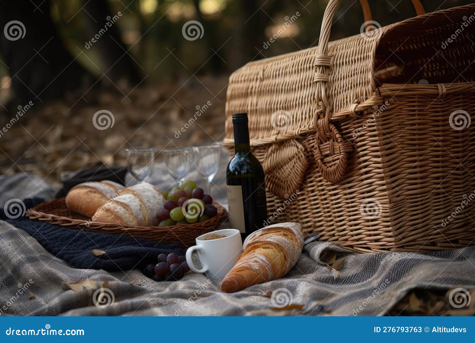 Classic Picnic with Basket, Blanket, and Bottle of Wine Stock