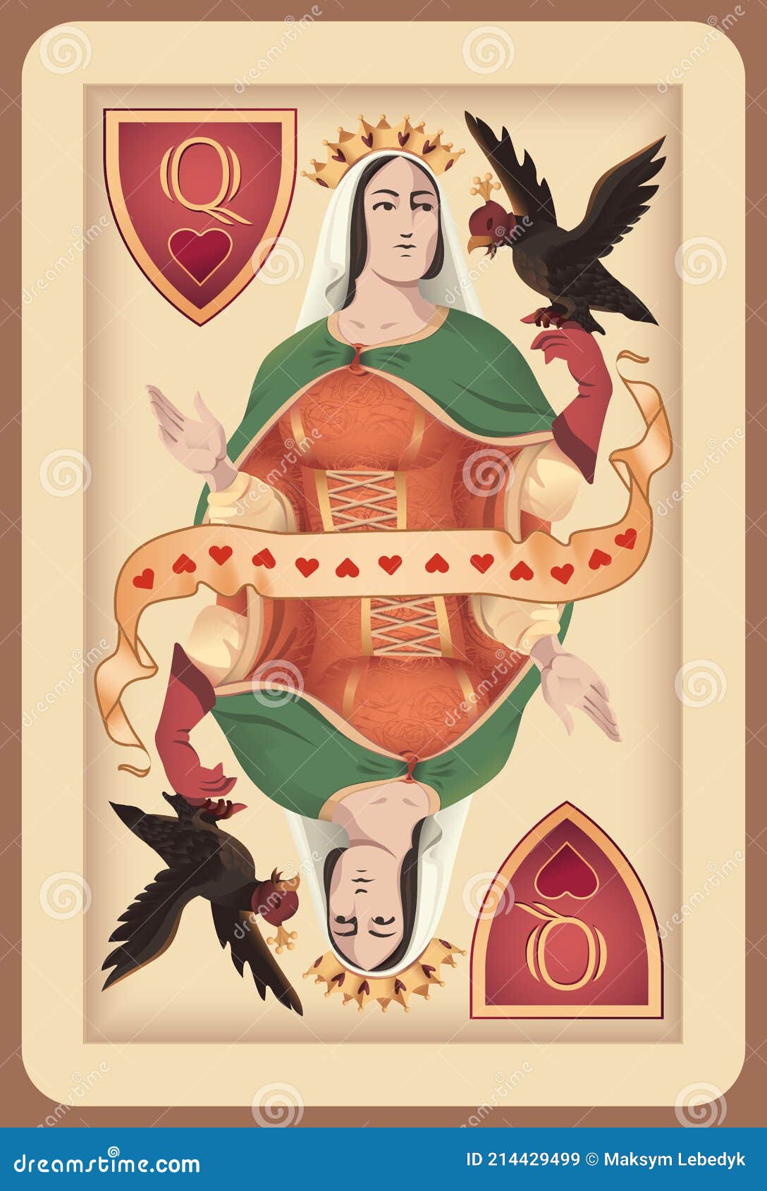 Classic Playing Card Queen Hearts. Vector Illustrations Stock Vector
