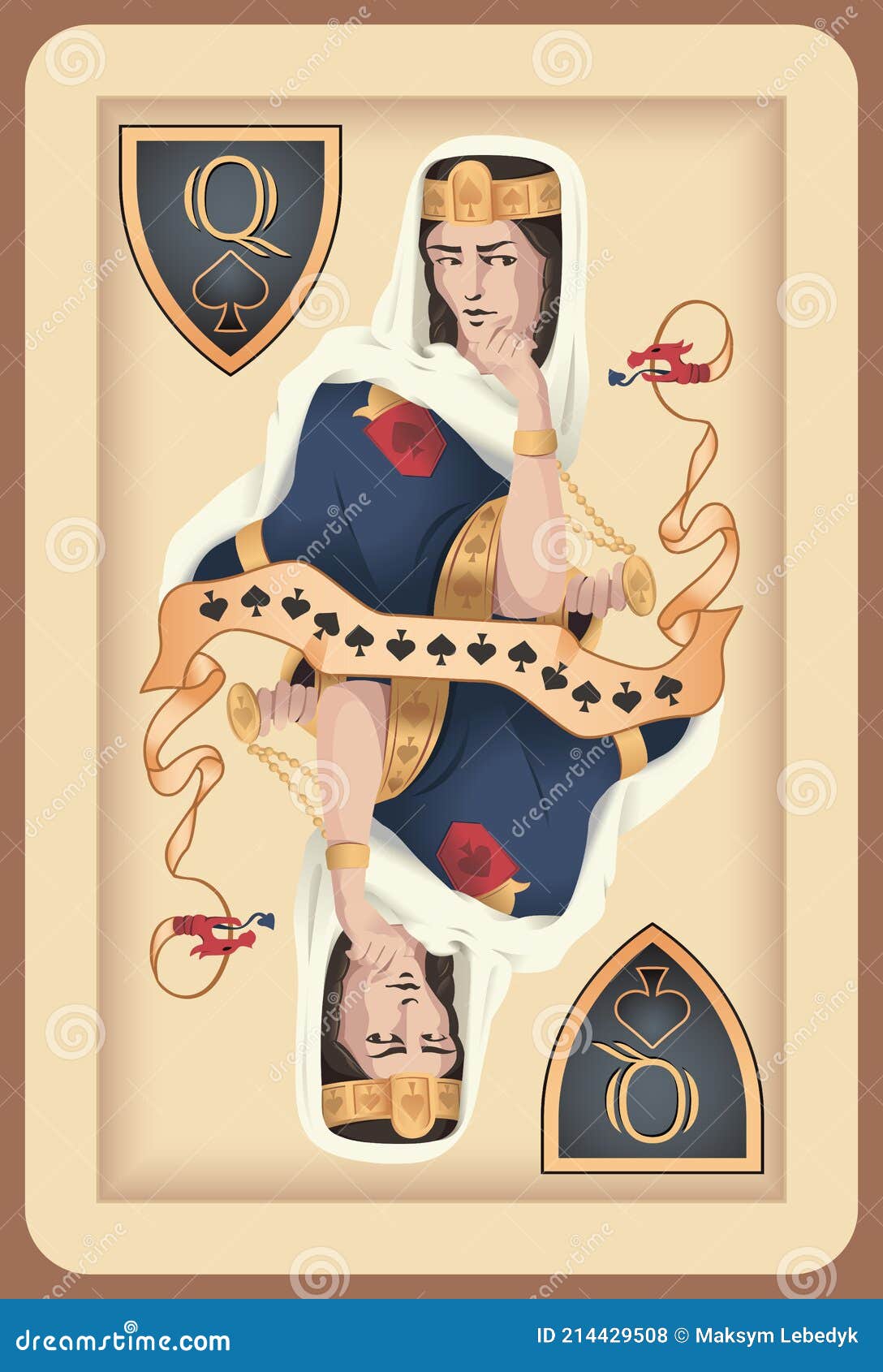 Classic Playing Card Queen Spades. Vector Illustrations Stock Vector