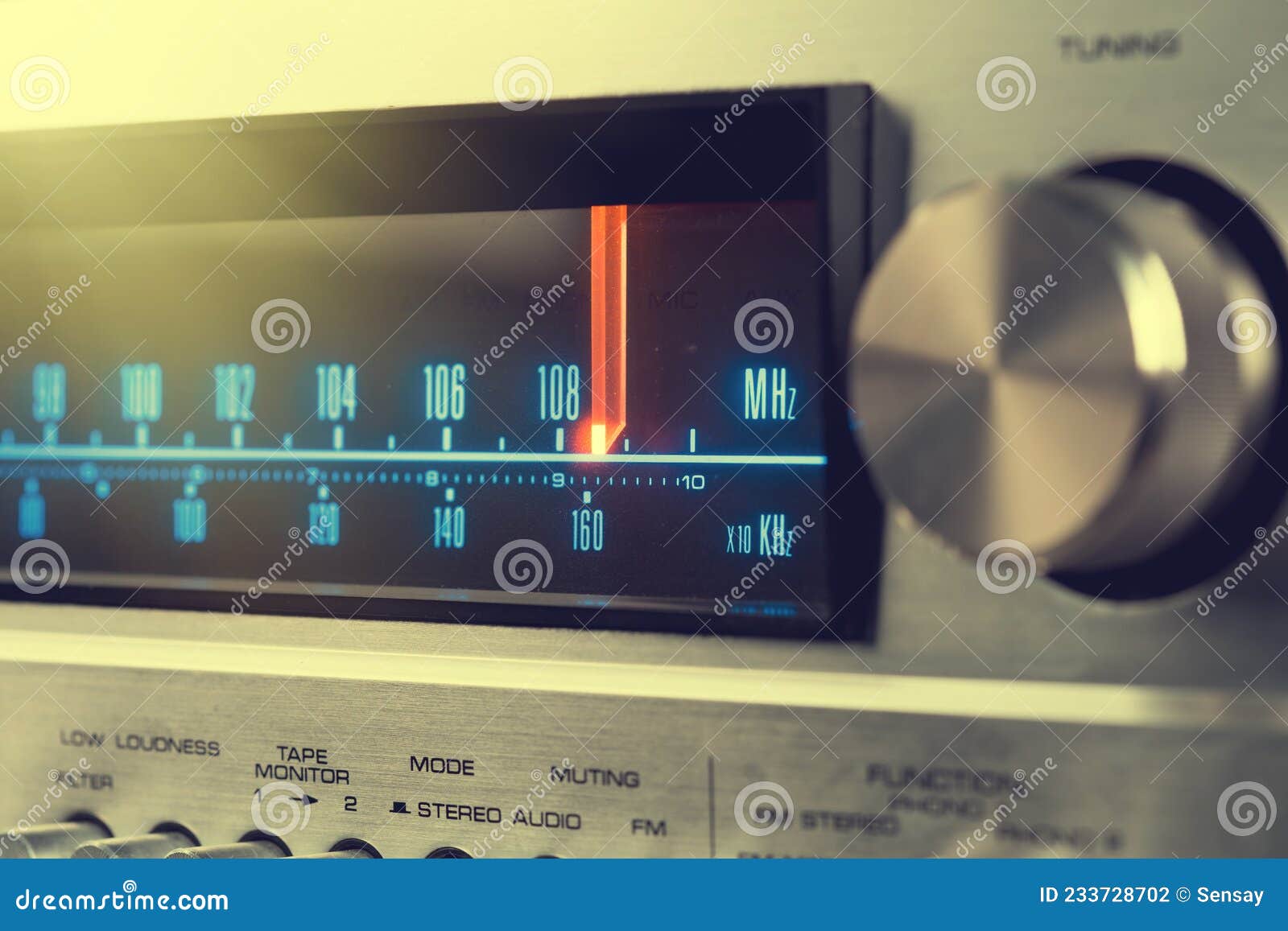 Classic Radio Tuner Panel Closeup. Black Background Stock Photo