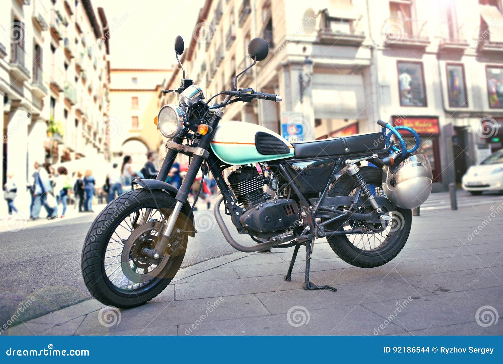Classic Retro Motorcycle on Street in City Stock Photo Image of white, color 92186544