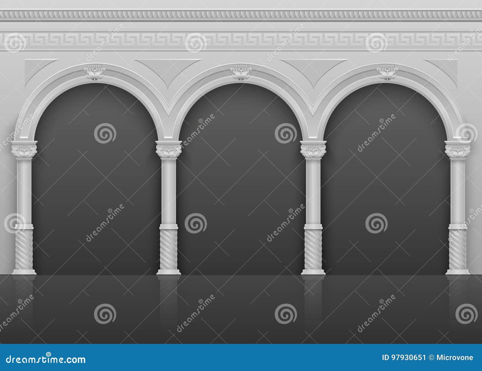 classic roman antique interior with stone arches and columns  