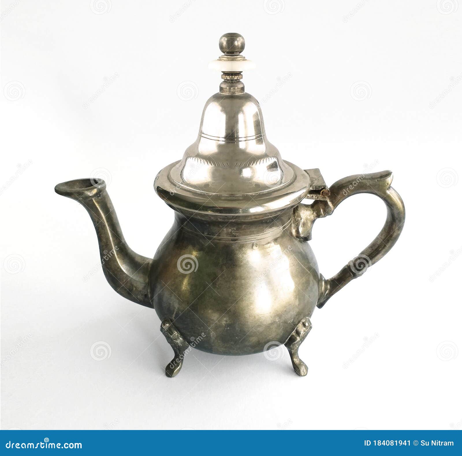 Classic Silver Arabic Teapot Isolated on White Background. Close Up of
