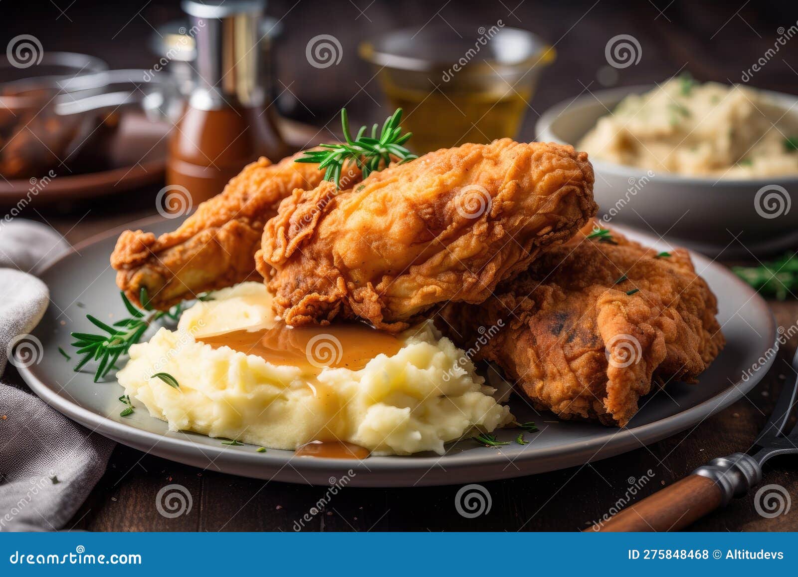 Classic Southern Plate of Fried Chicken, Mashed Potatoes and Gravy
