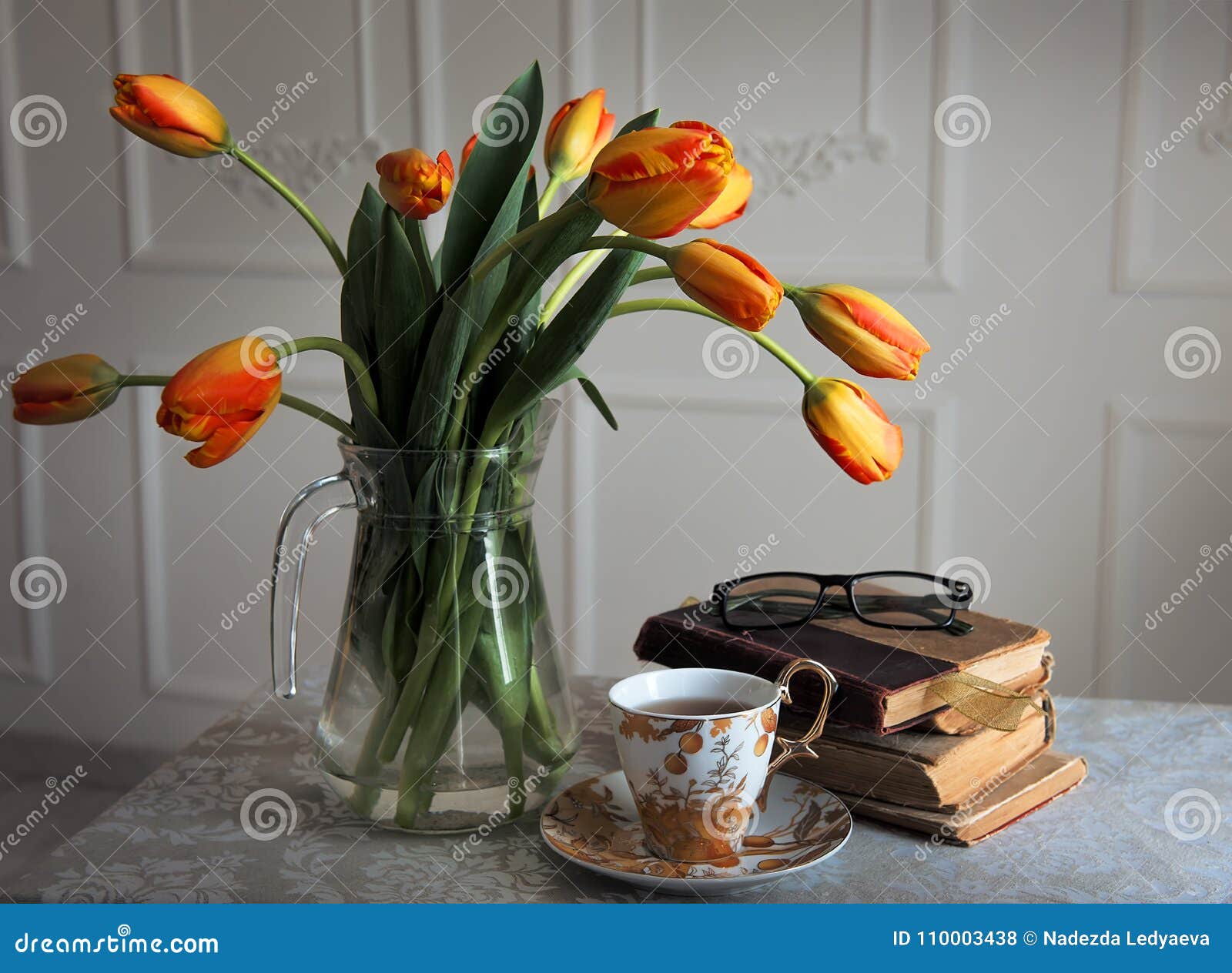 Classic Still-life with Books and Tulips and a Cup of Tea Stock Photo ...