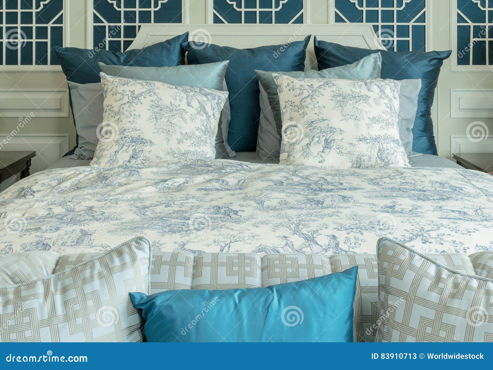 Classic Style Bedroom with White and Blue Pillows Stock Image Image of flower, pillows 83910713