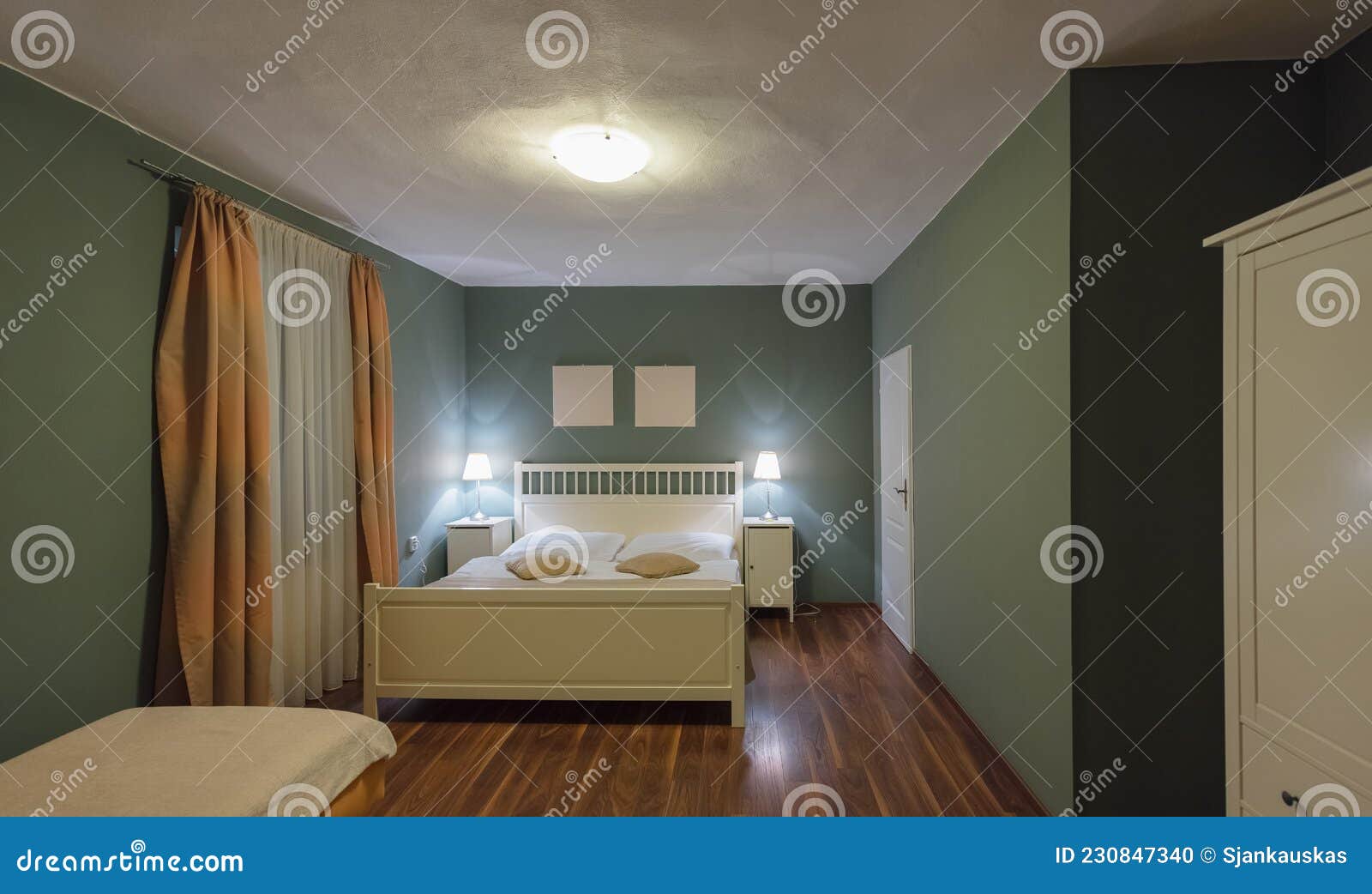 hotel bedroom classic style interior, cosy night atmosphere