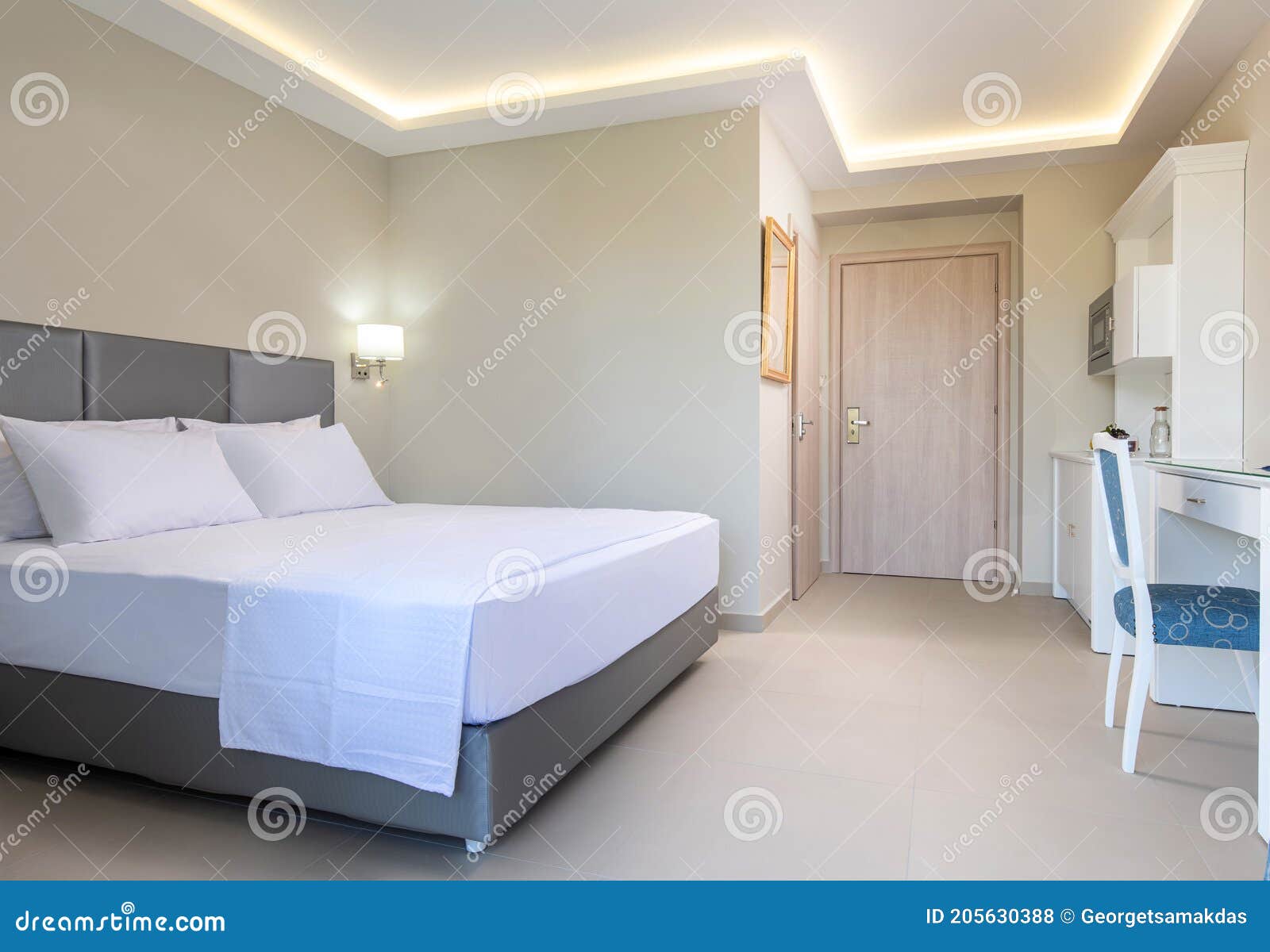 Classic Style White Interior of Hotel Bedroom, Bathroom, Kitchen in
