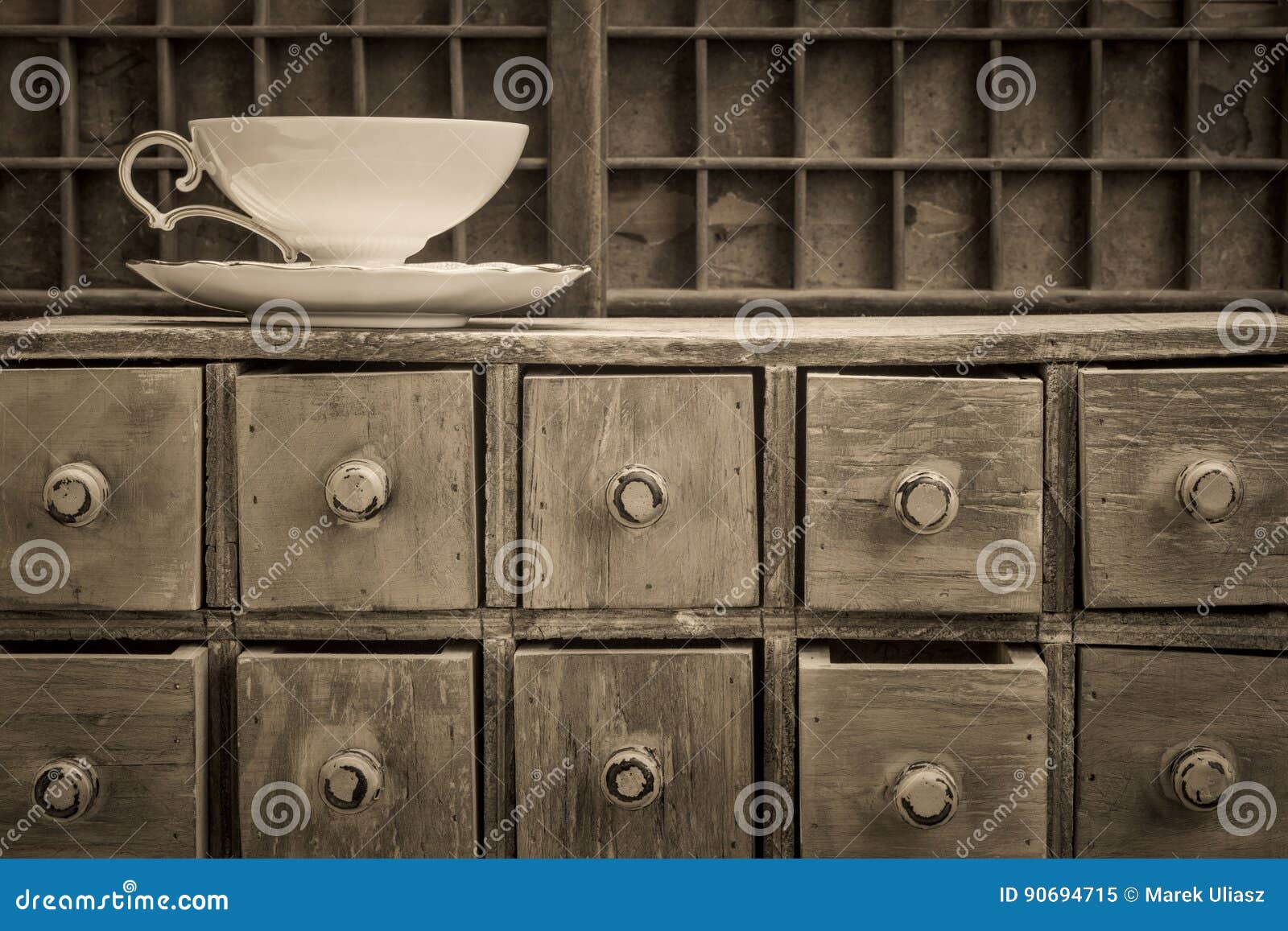 Classic Tea Cup On Top Of Rustic Drawers Stock Image Image Of