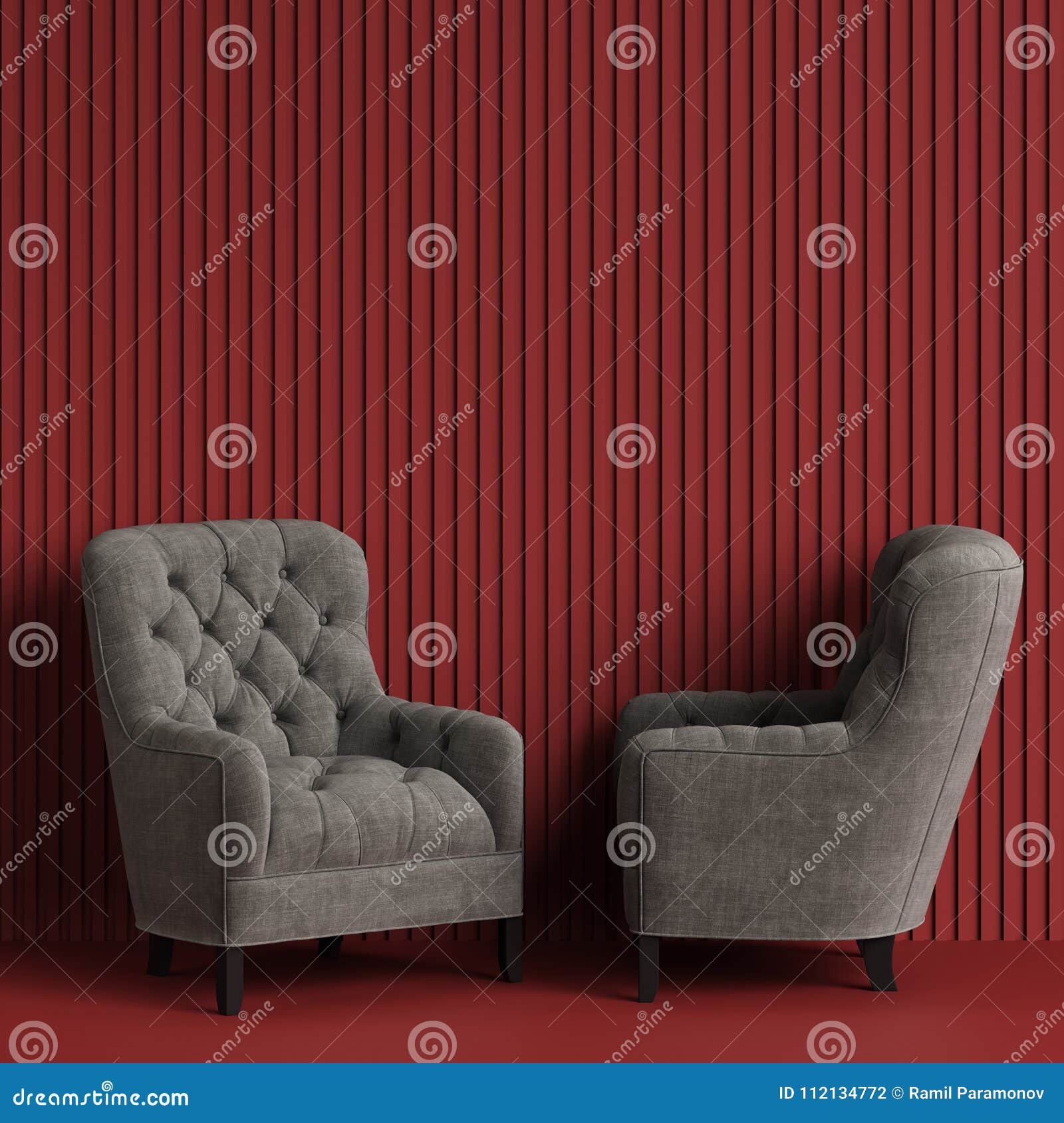 classic tufted chairs in gray color in empty red room with relief stripe wall
