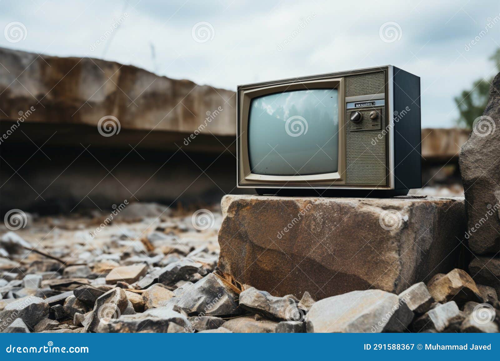 classic tv placed on a stone surface, evoking a bygone era