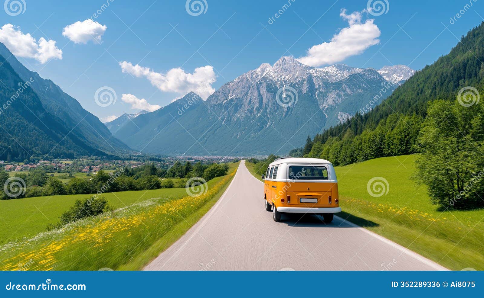 classic van driving along endless mountain road verdant valley image, ai generated