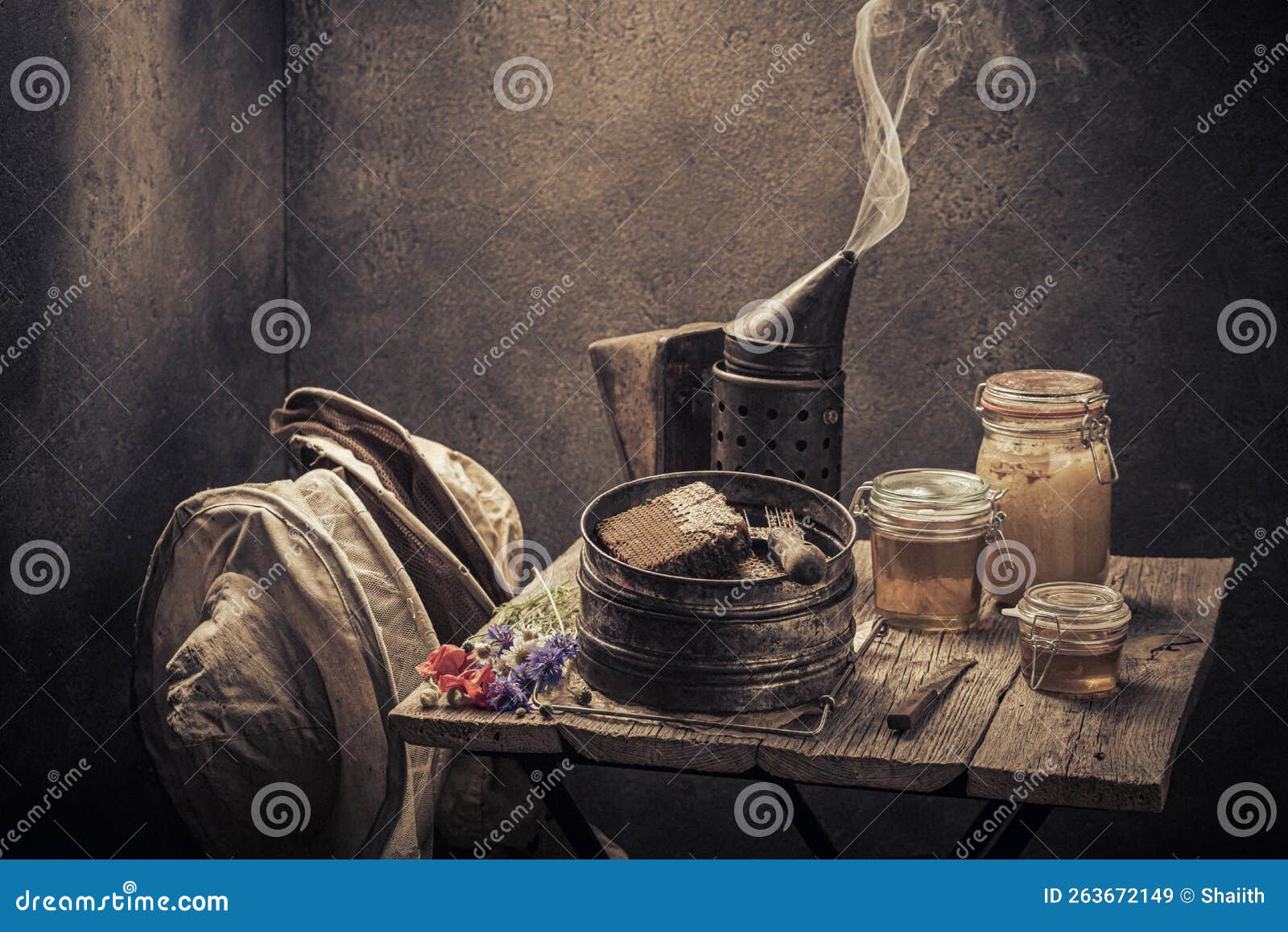Classic Beekeeper Tools with Beekeeping Knot Full of Honey Stock Image