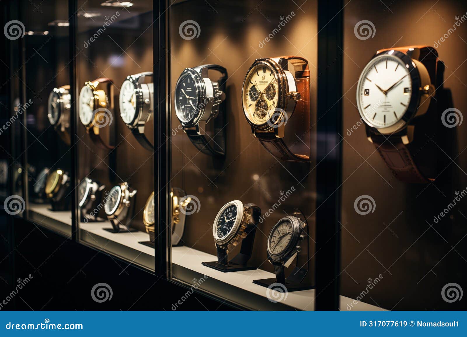 classic watches elegantly showcased in glass display case. generative ai