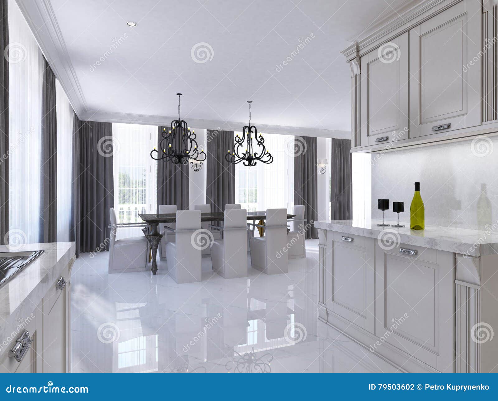 Classic White Kitchen-dining Room in the Style of Art Deco. Stock ...