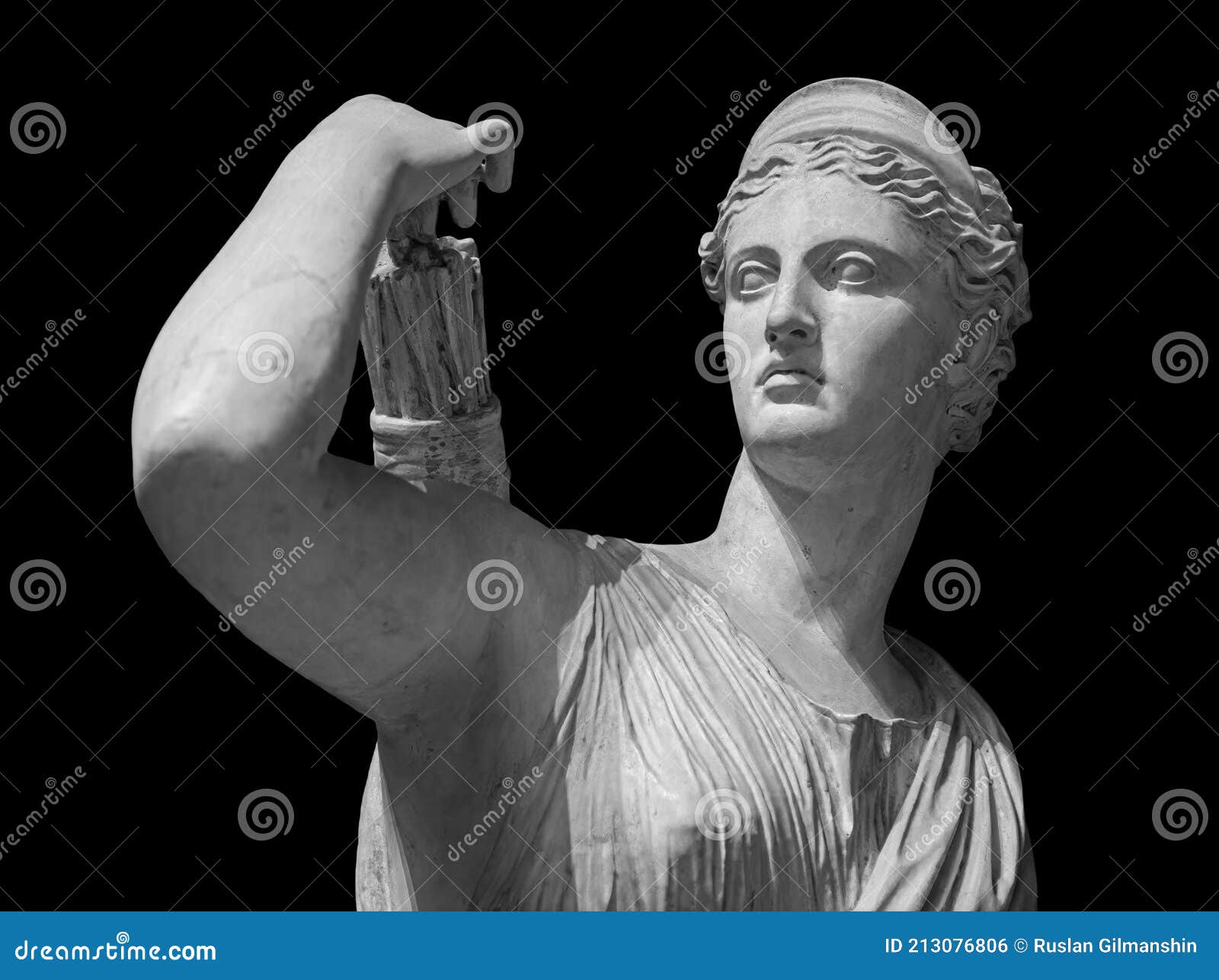 classic white marble statuette diana of versailles  on black background. scilpture of huntress