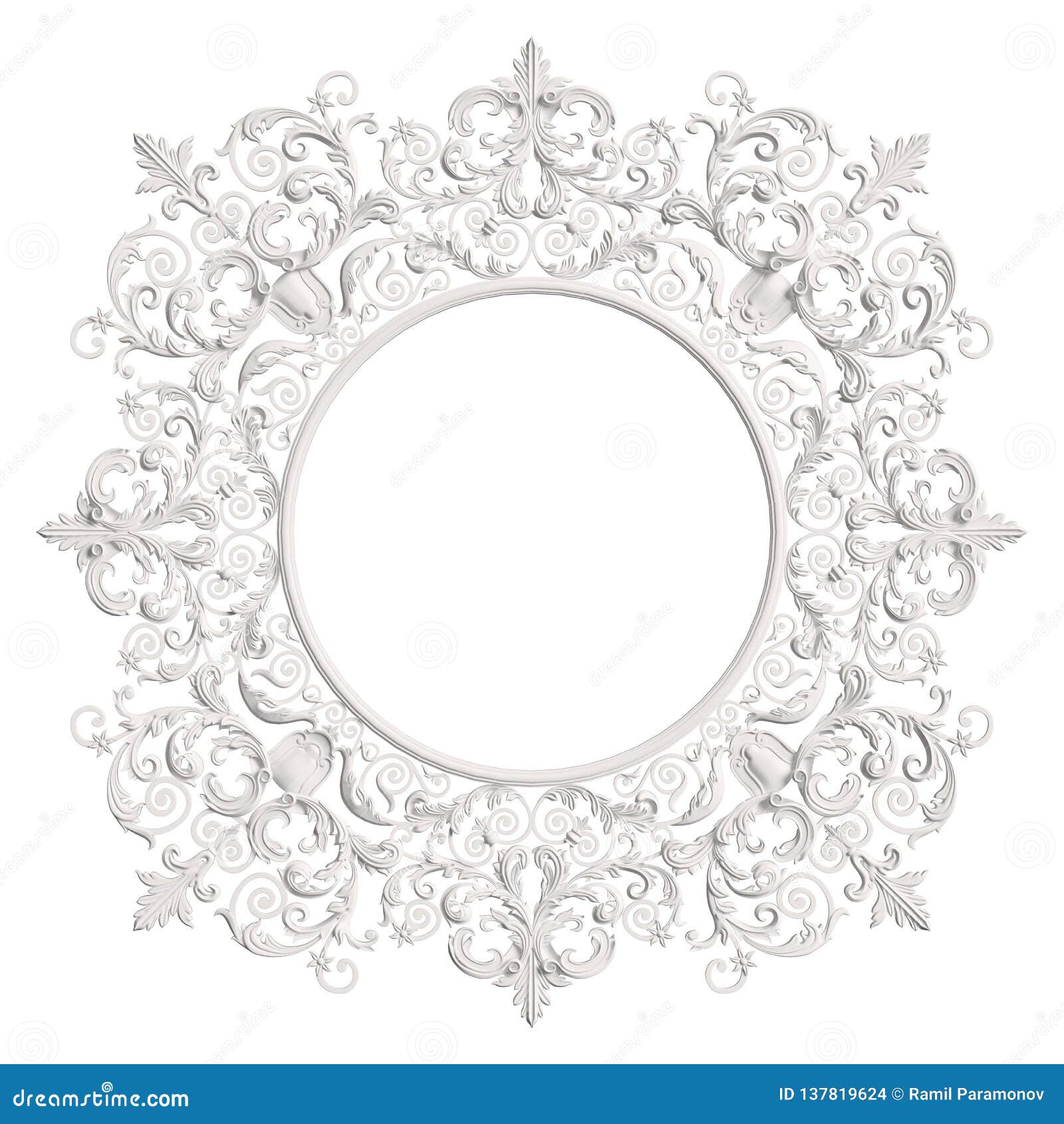 Classic White Round Frame with Ornament Decor Isolated on White