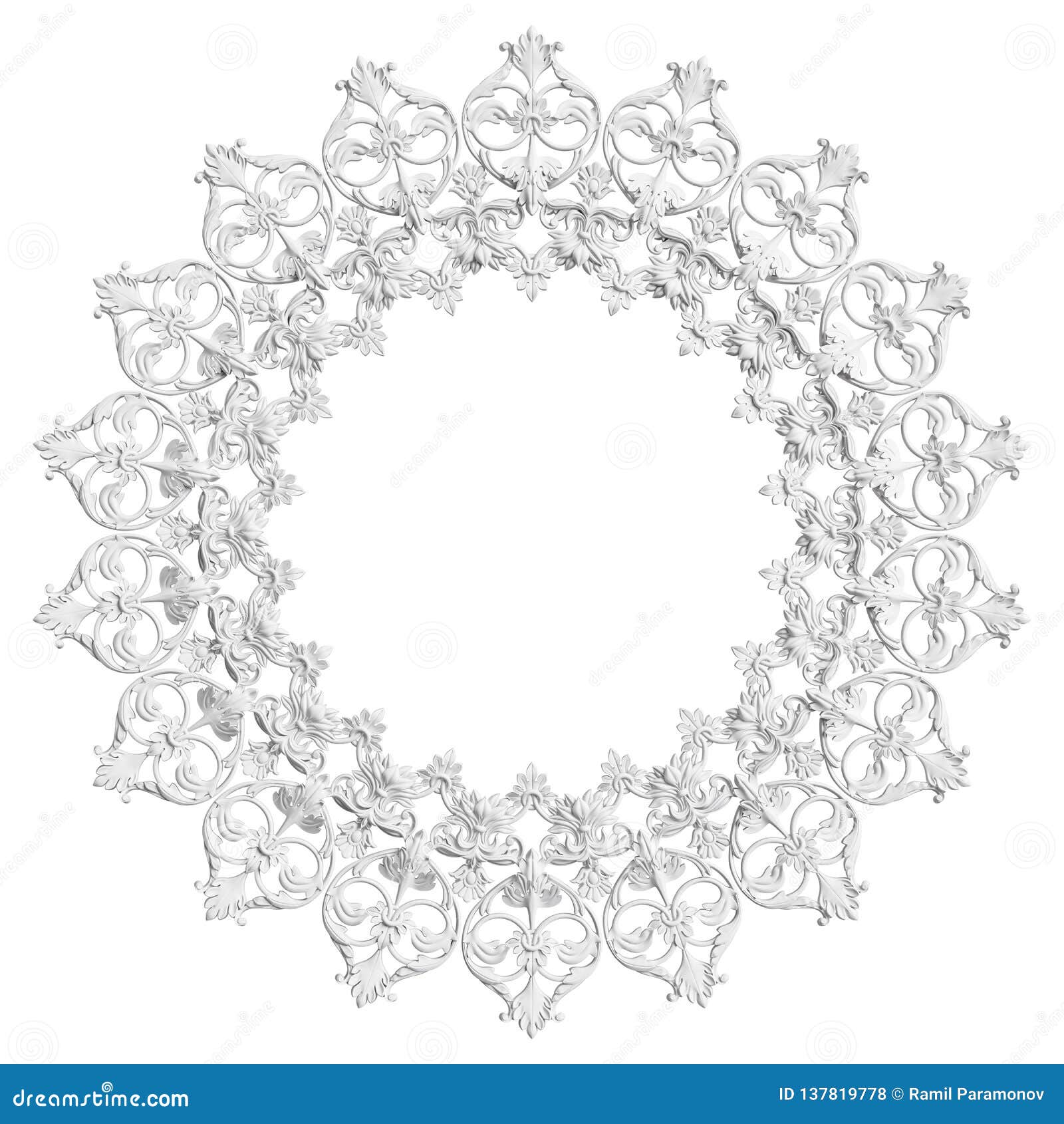 Classic White Round Frame with Ornament Decor Isolated on White