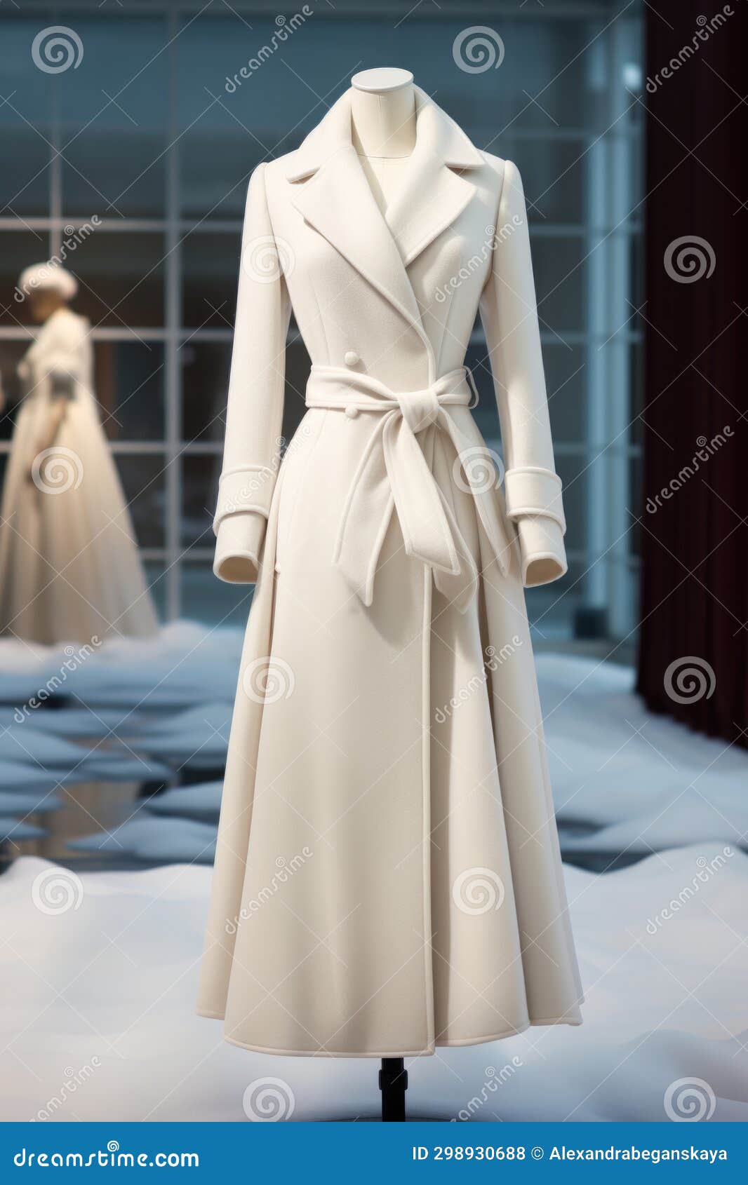 Classic White Wool Coat with a Belt on a Mannequin, Women S Coat Stock