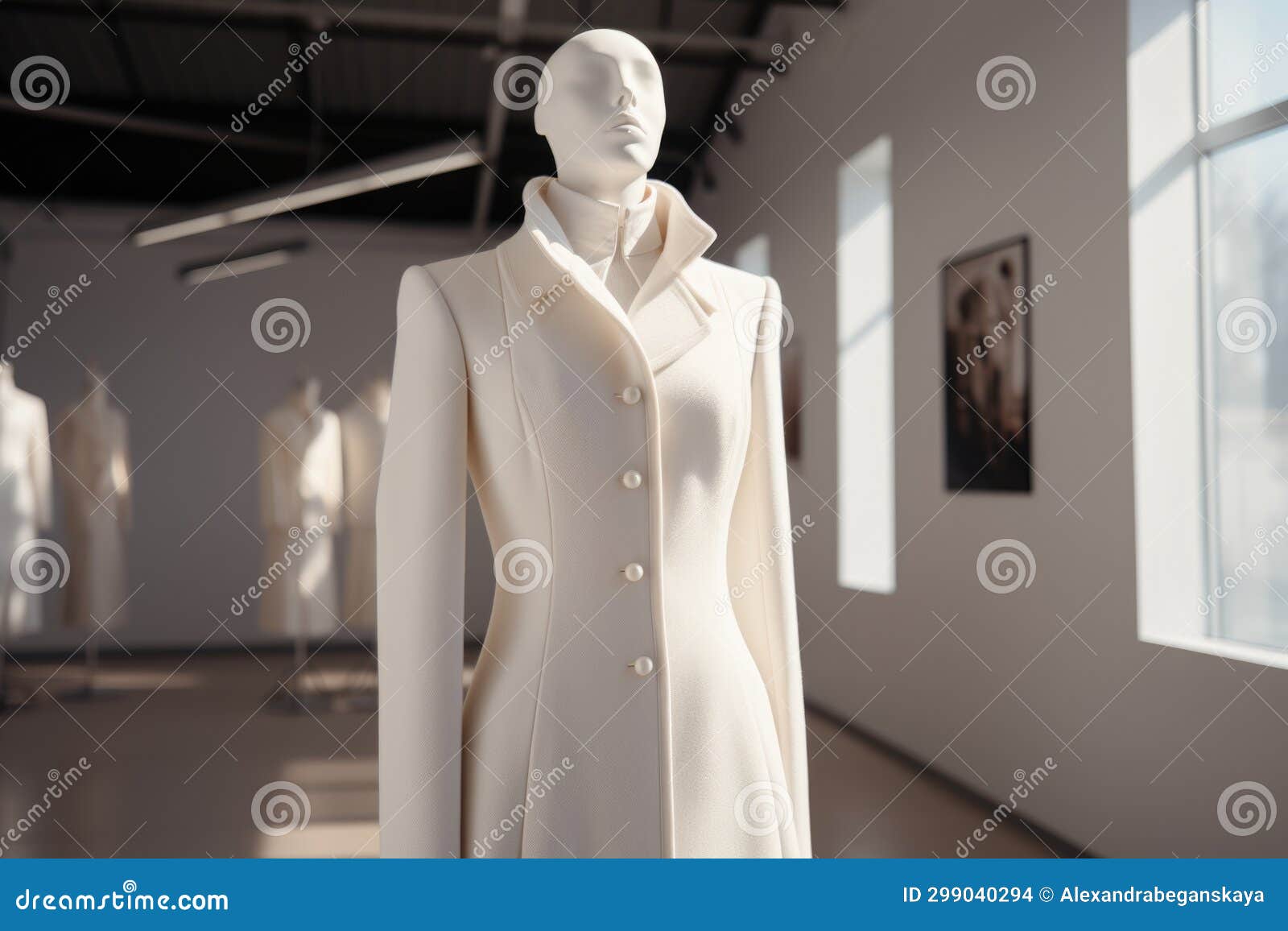 Classic White Wool Coat with a Belt on a Mannequin, Women S Coat Stock