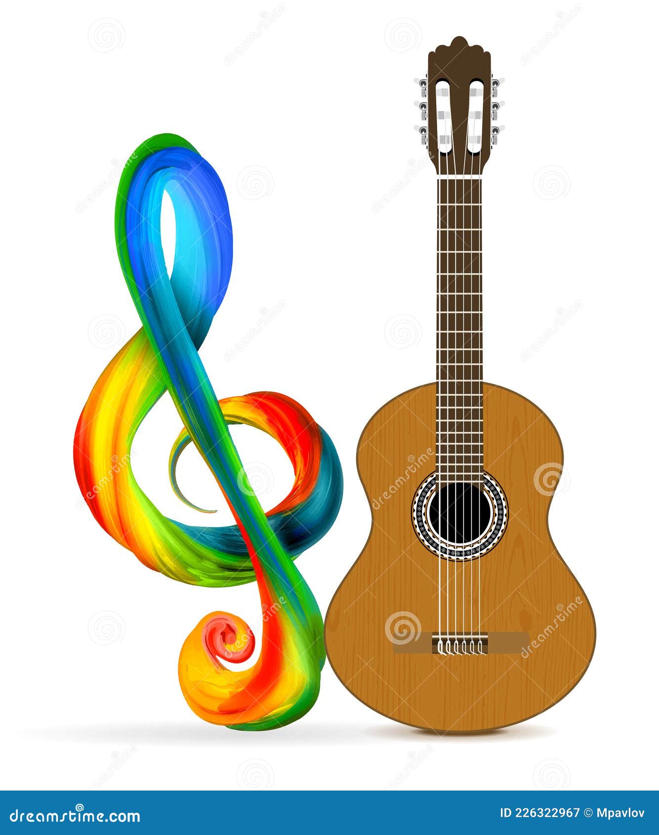Classical or Acoustic Guitar with Treble Clef on a White Background. Vector  Stock Vector - Illustration of sound, background: 226322967