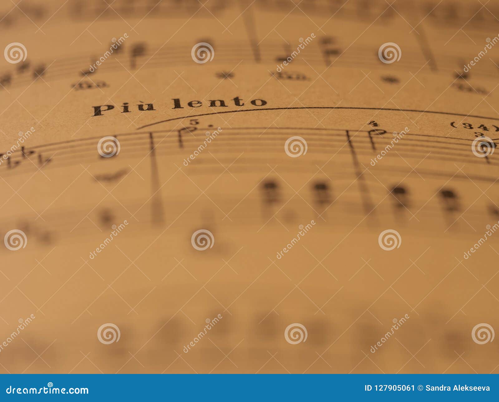 classical print piano score with piu lento mark