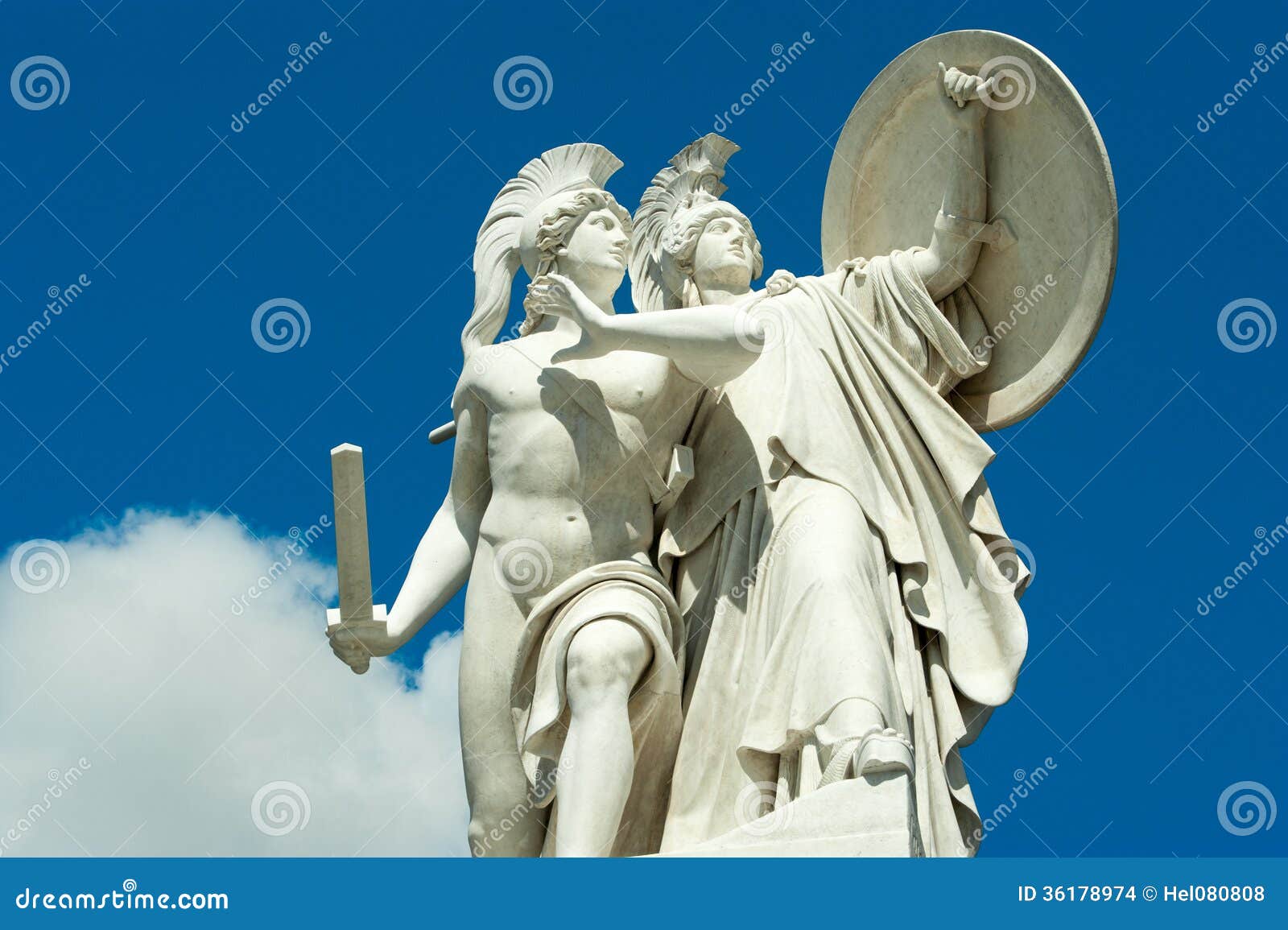 classical sculptures in berlin - athena protects the young hero. carrara marble sculpture by gustav blaeser 1854,