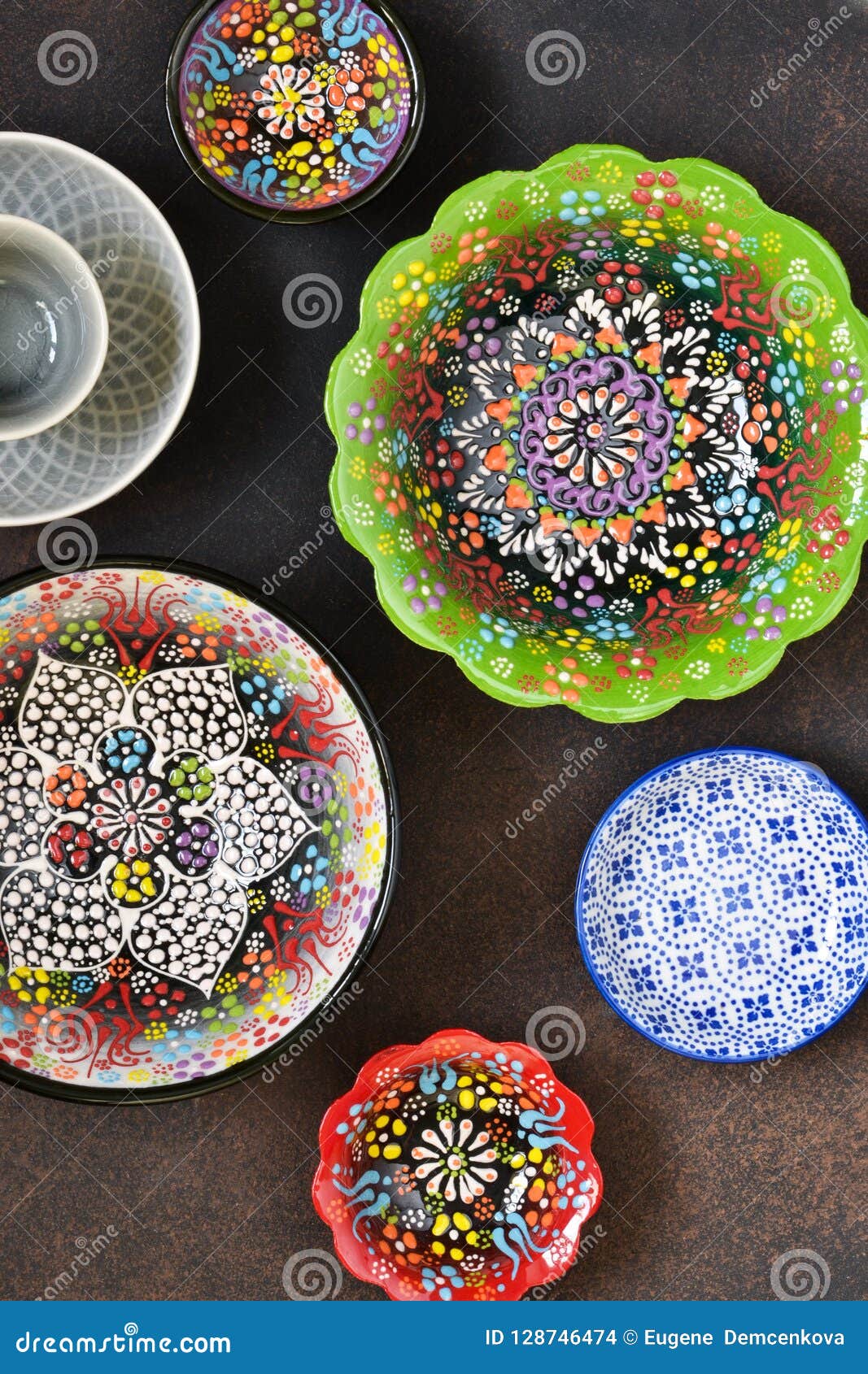 Classical Turkish Ceramics. Plates on a Dark Background Stock Photo