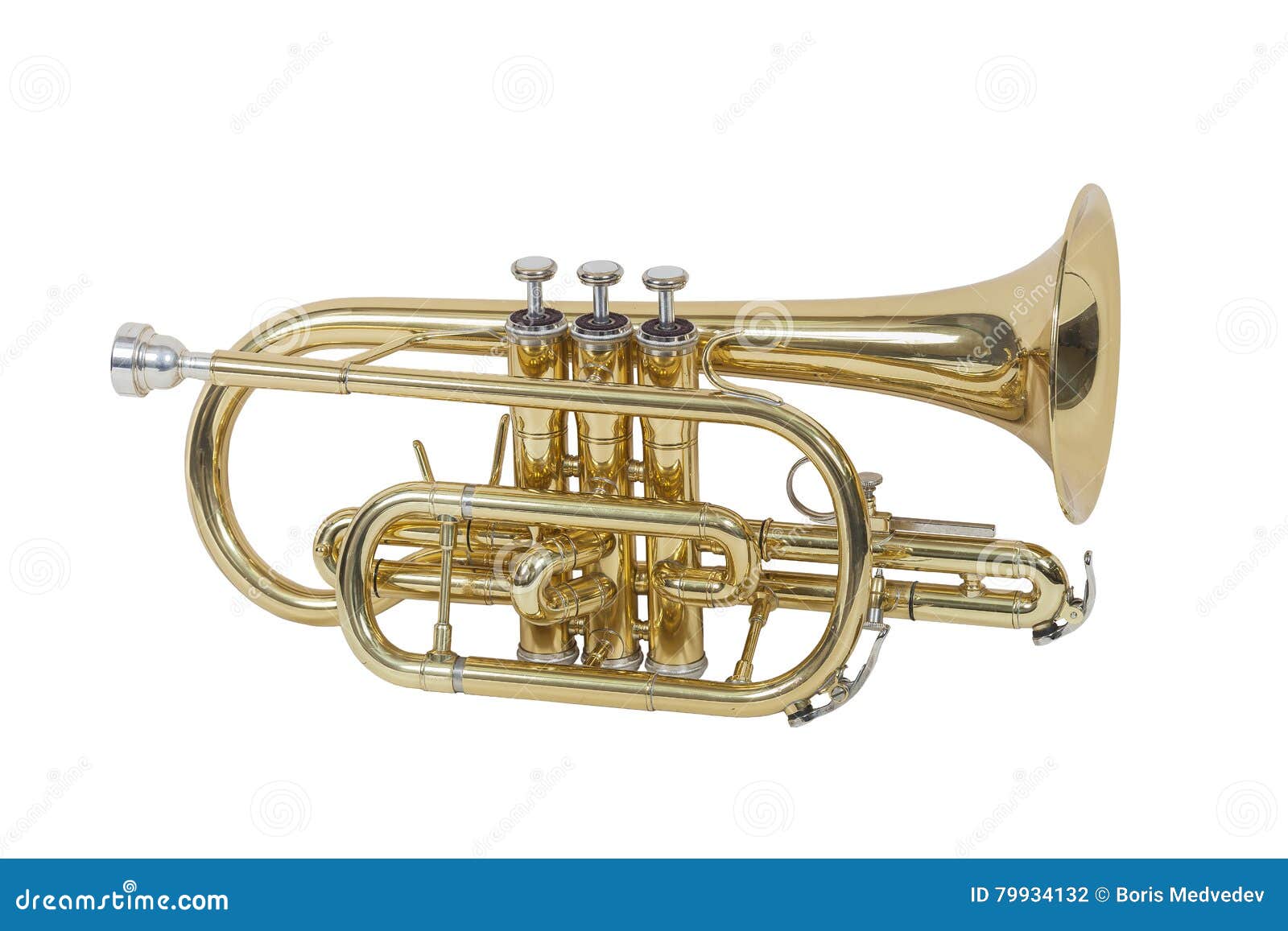 classical wind musical instrument cornet  on white background