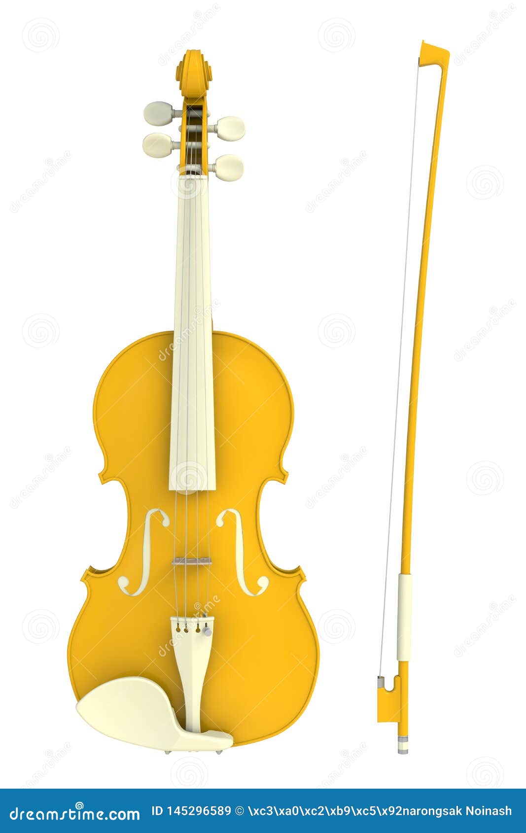 Classical Yellow Violin with Bow Isolated on White Background, String