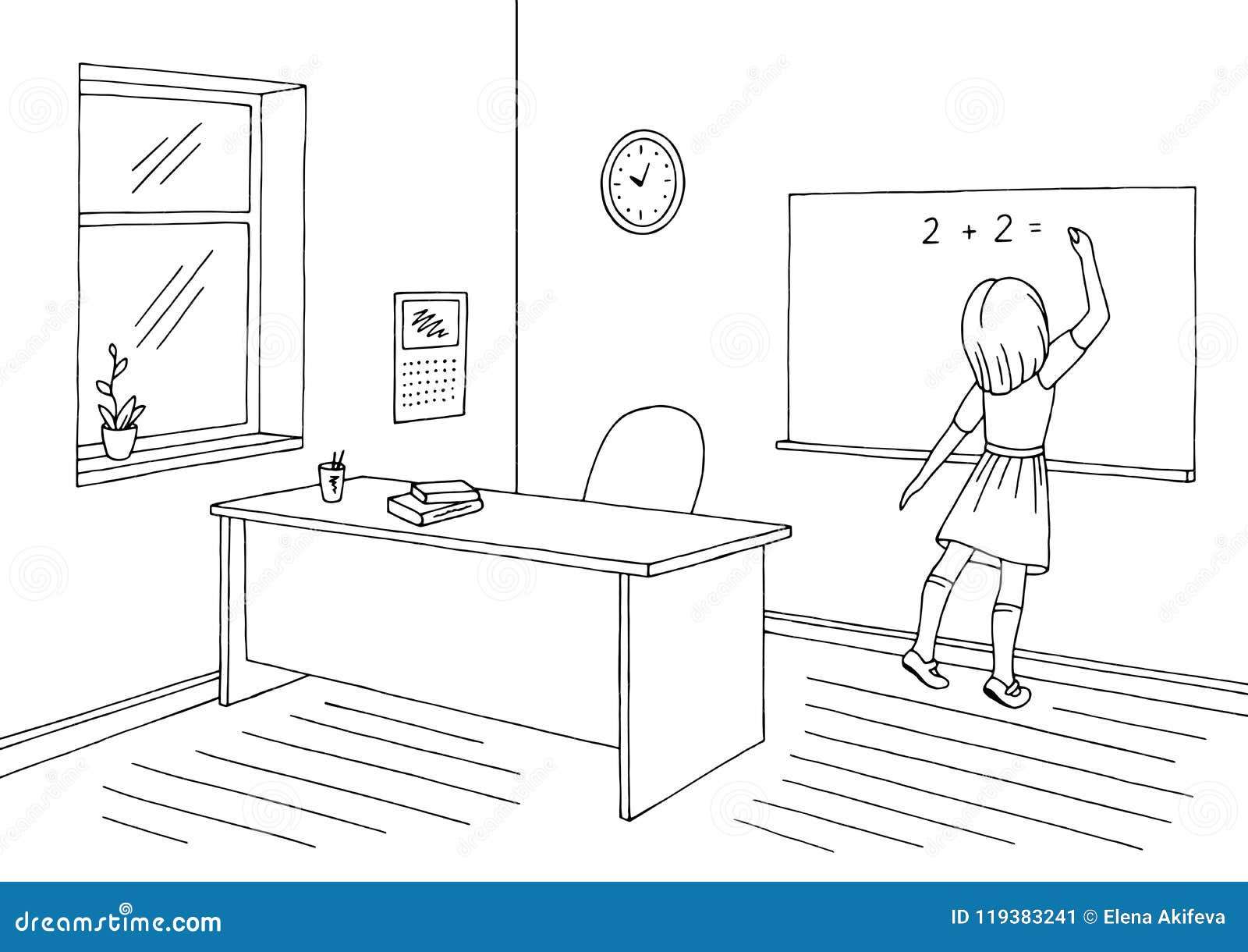 Classroom Graphic Black White School Interior Sketch Illustration Vector.  Girl is Writing on the Blackboard Stock Vector - Illustration of furniture,  draw: 119383241