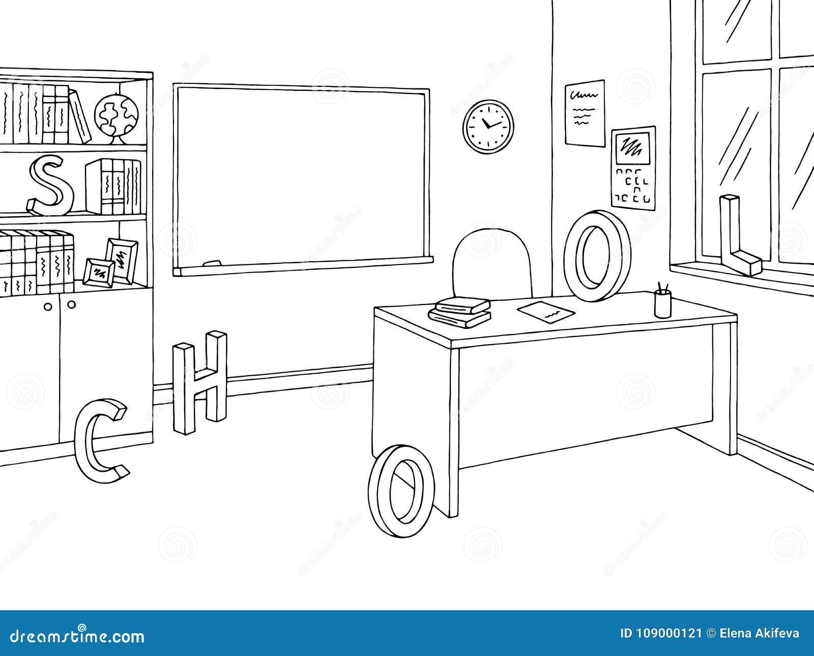 Classroom Graphic Black White School Interior Sketch Illustration