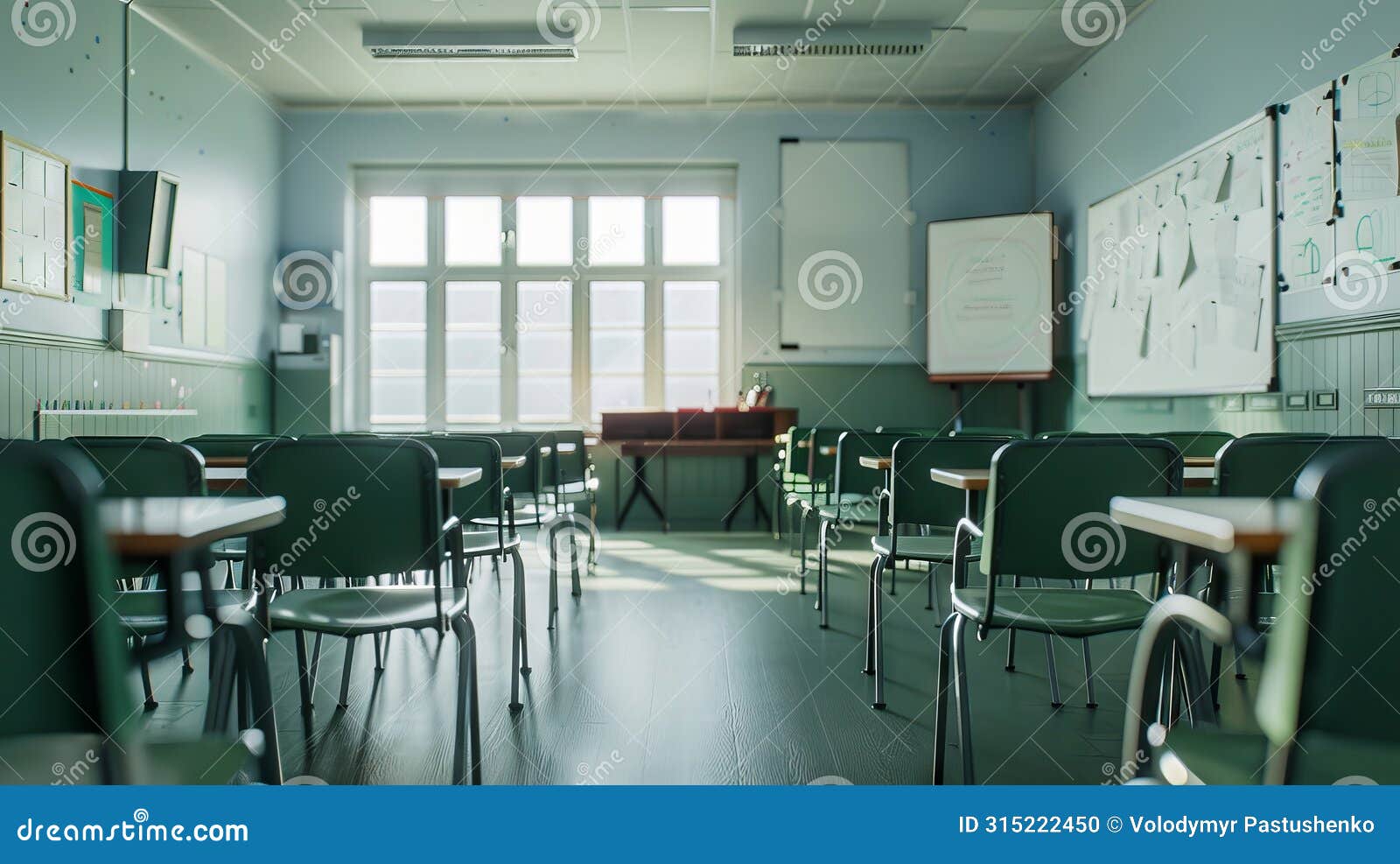 A Classroom with Green Chairs and Tables Stock Photo Image of
