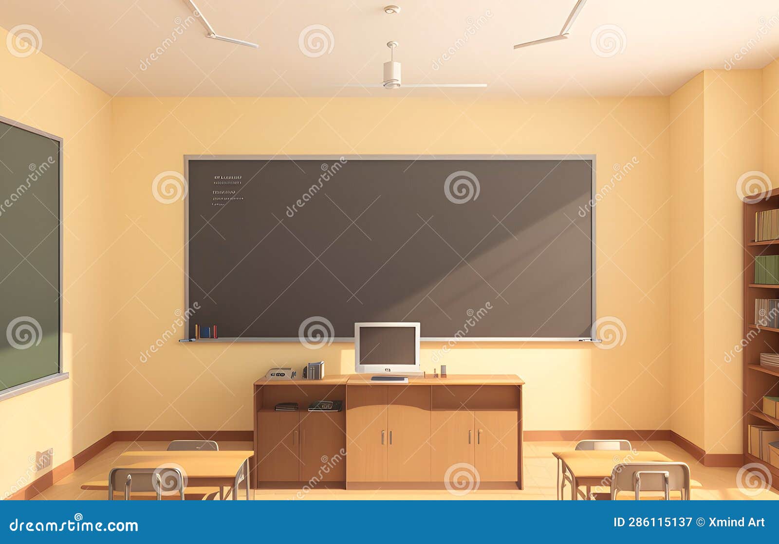Classroom Interior with Blackboard and Computer Ai Generated Stock