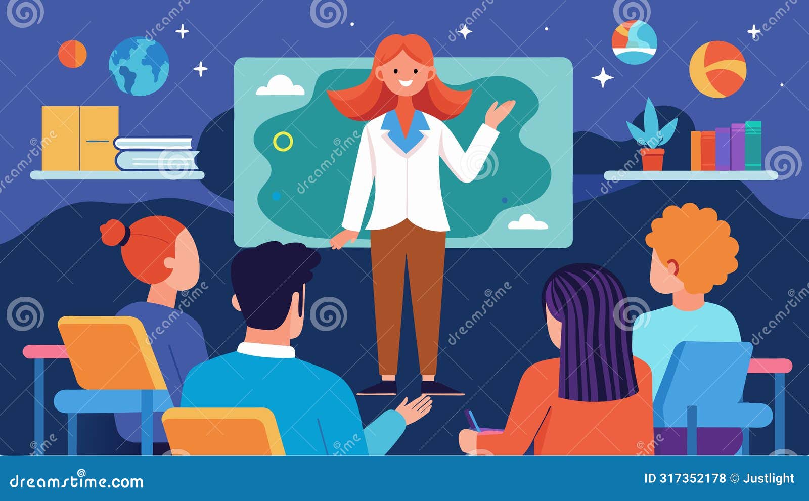 a classroom setting where a teacher explains the history and science behind psychedelic therapy emphasizing the need to