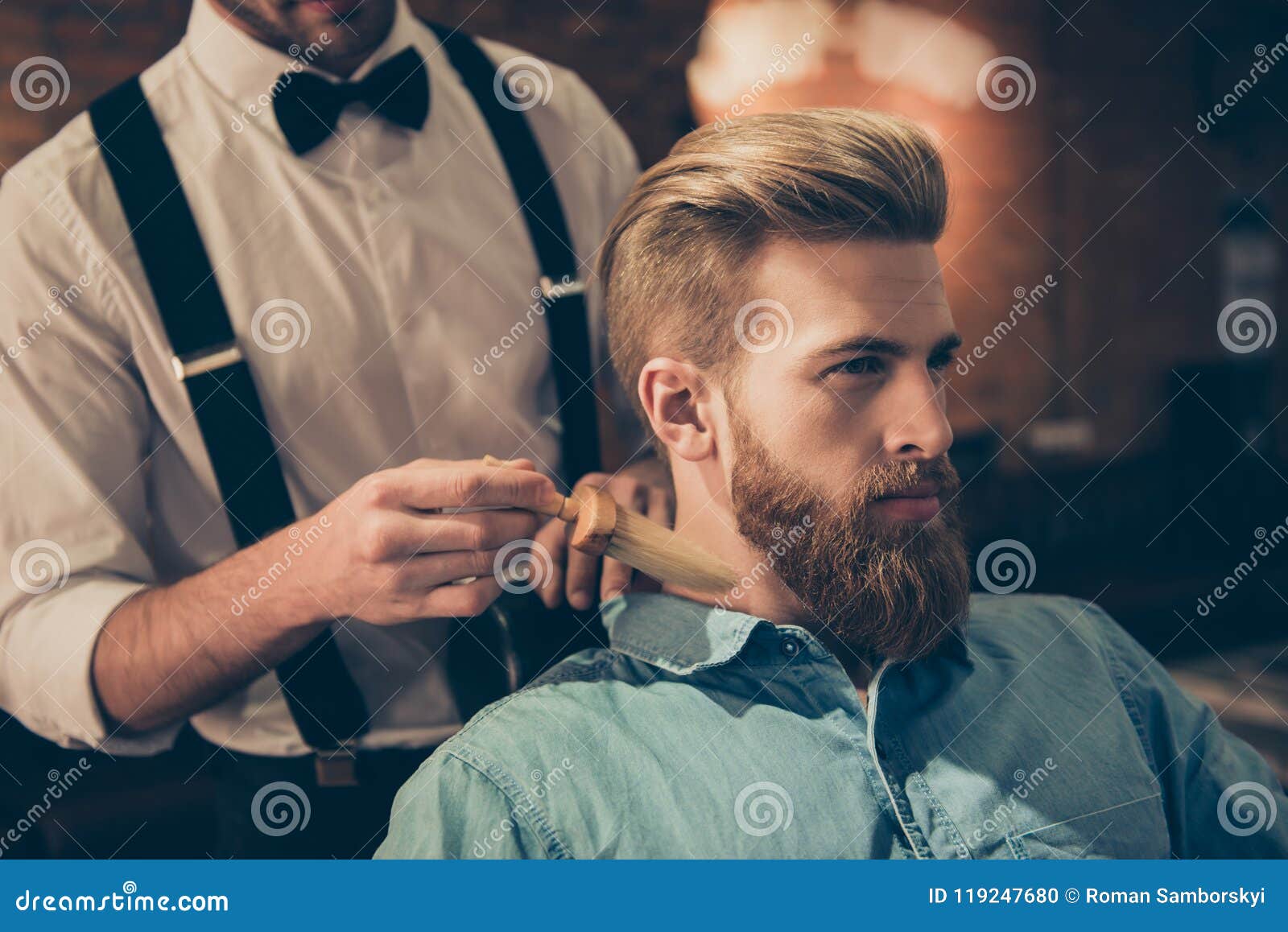 Classy Dressed Barber Shop Hairdresser is Cleaning Client`s Neck Stock ...