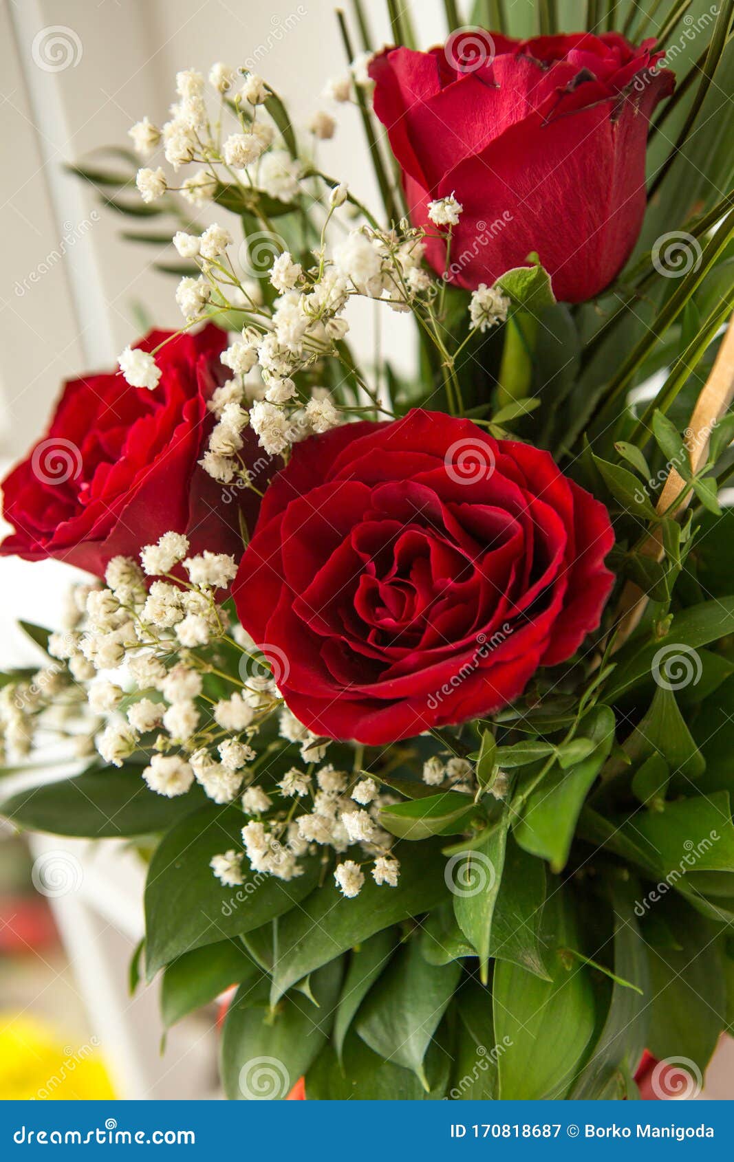 Clausura De Los Arreglos Florales La Disposición Floral Es De Tres Rosas  Rojas Y Hojas Verdes Un Regalo Maravilloso Para Una Muje Imagen de archivo  - Imagen de hermoso, manojo: 170818687