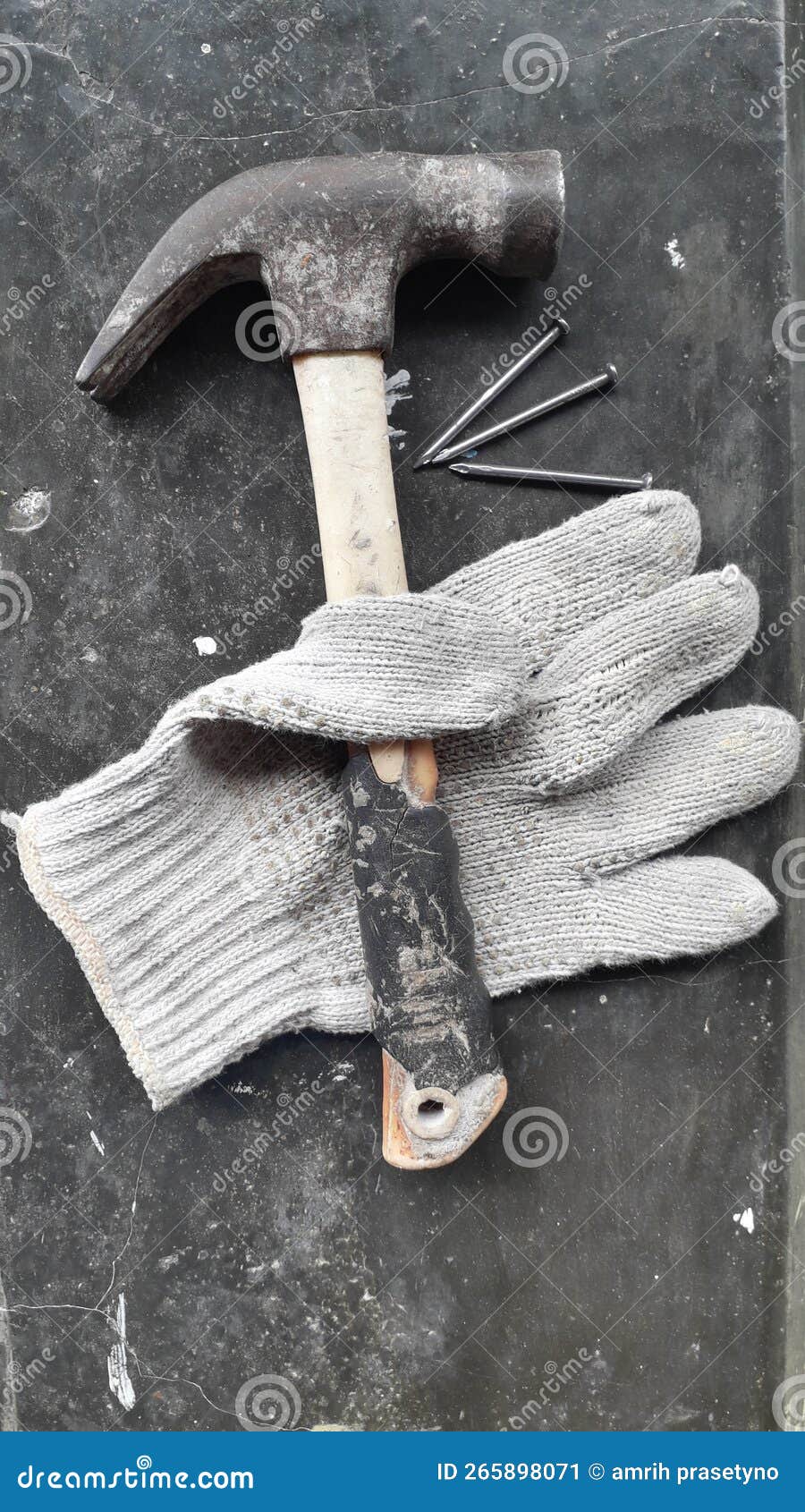 Claw Hammer, Nails and Used Glove on Cement Floor Stock Image Image