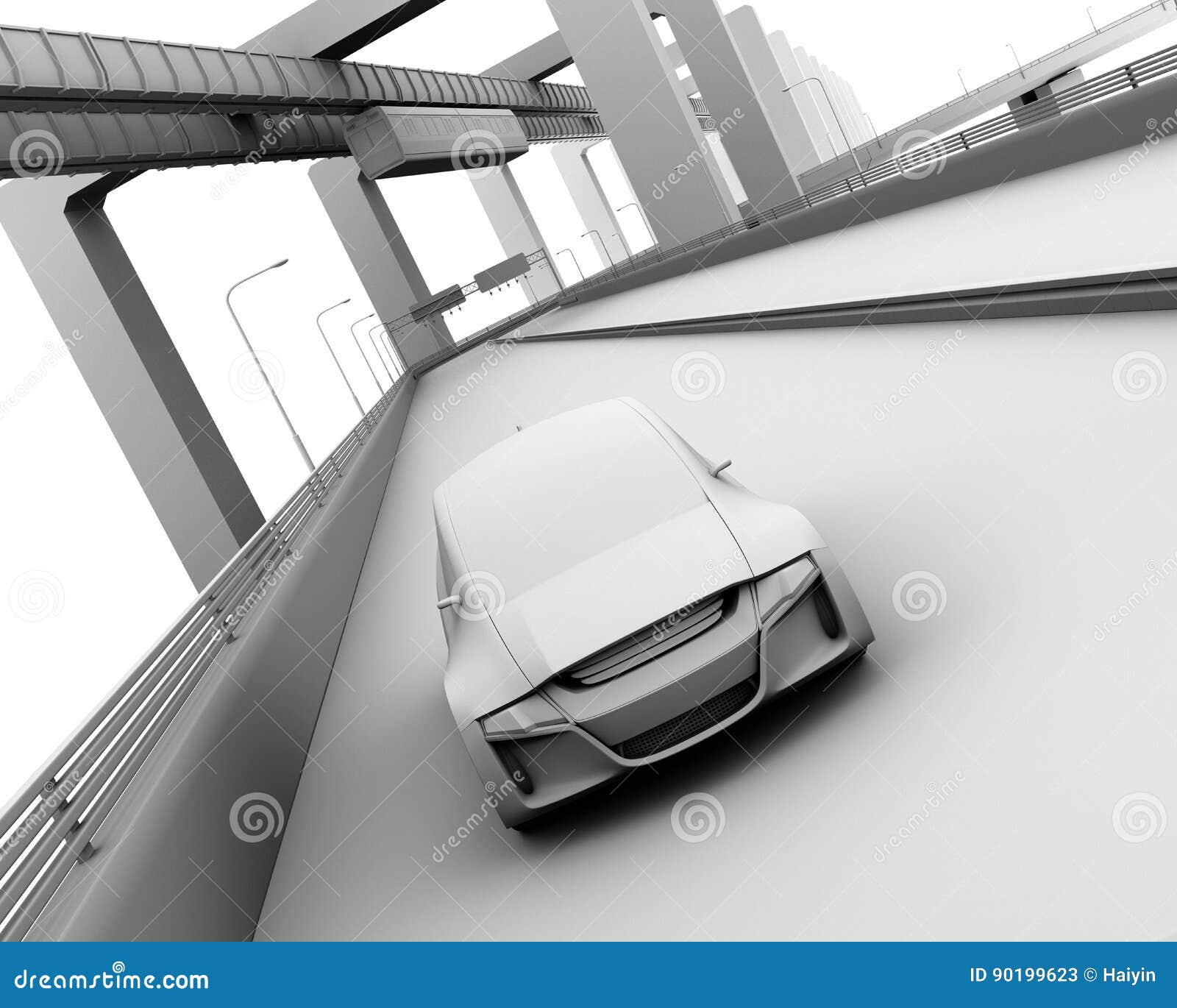 Clay model rendering of self-driving car on the highway, and monorail train on background. 3D rendering image.