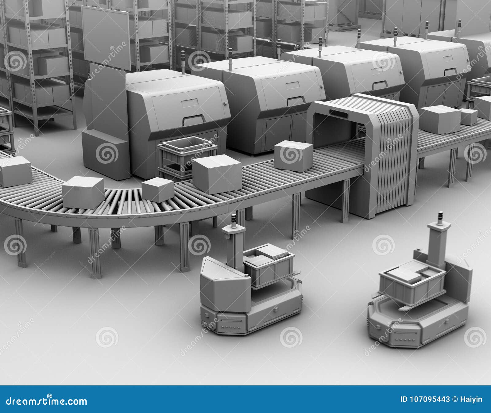 clay model rendering of a self driving forklift agv beside conveyor