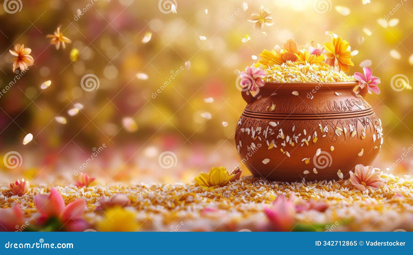 clay pot filled with flowers and petals surrounded by floral scatterings